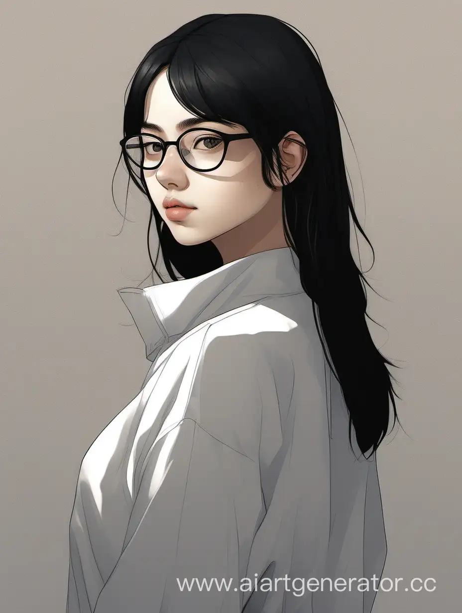 An 18-year-old girl with black  hair не длинные, brown eyes, and white glasses. Wearing oversized black clothing and slightly curvy.
