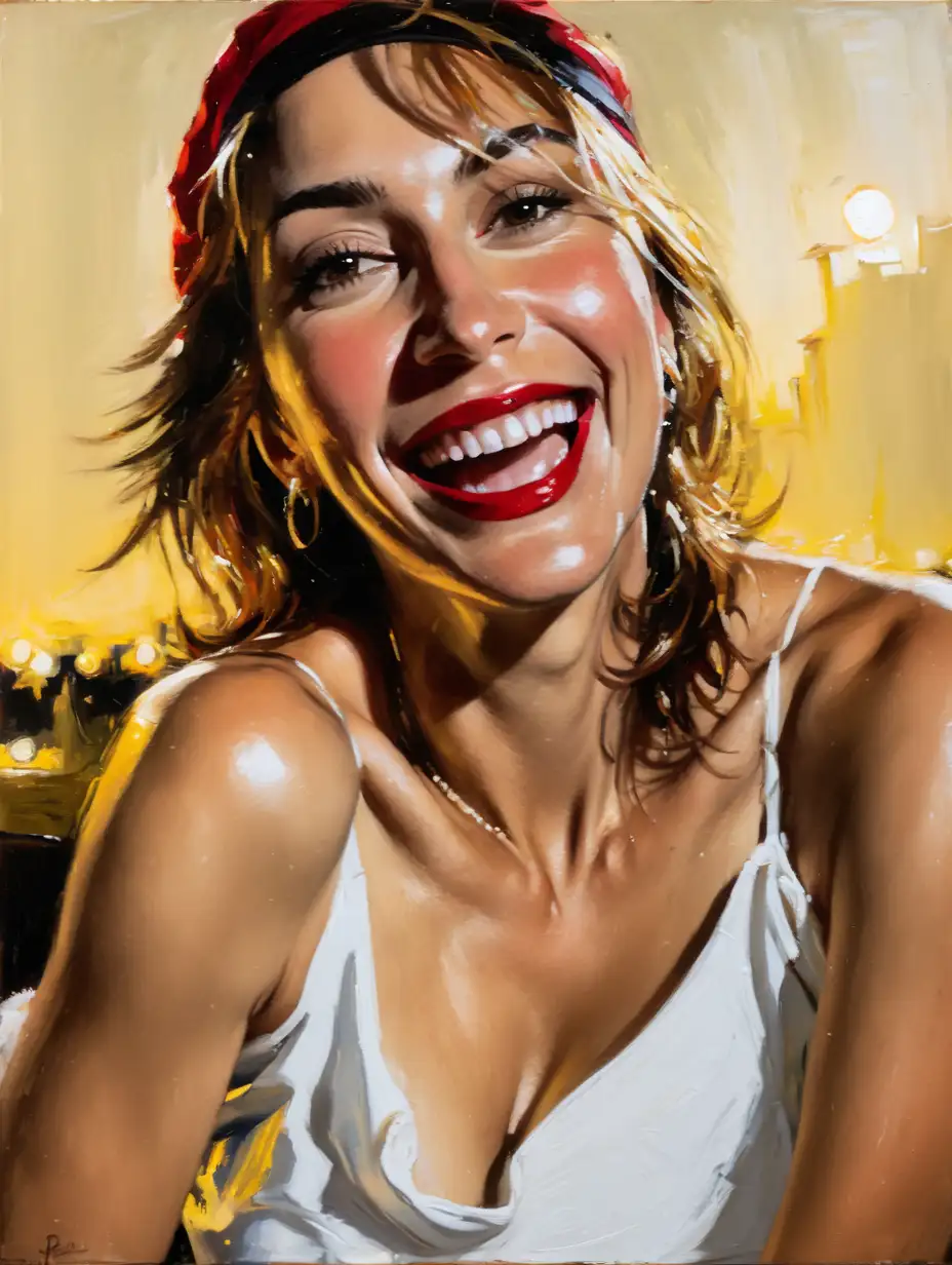 (naked:1.3)  smiling woman , portrait , medium teardrop breasts , looking at viewer  , cooper hair , red beret , white top ,  (night scene:1.3) , painting style  expressionism , jagged lines, painting by (Fabian Perez:1.3)