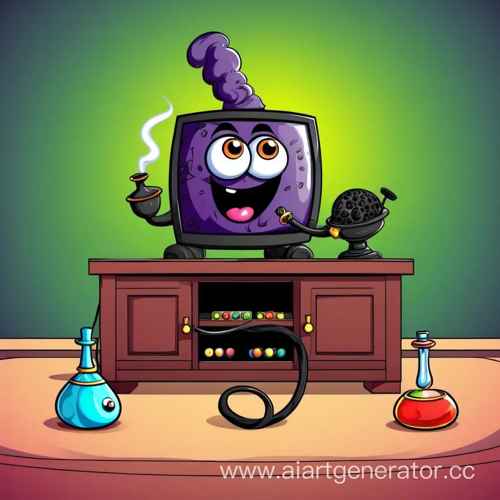 Vibrant-Cartoon-Eyes-Watch-Over-Colorful-Hookah-Coal-by-the-TV