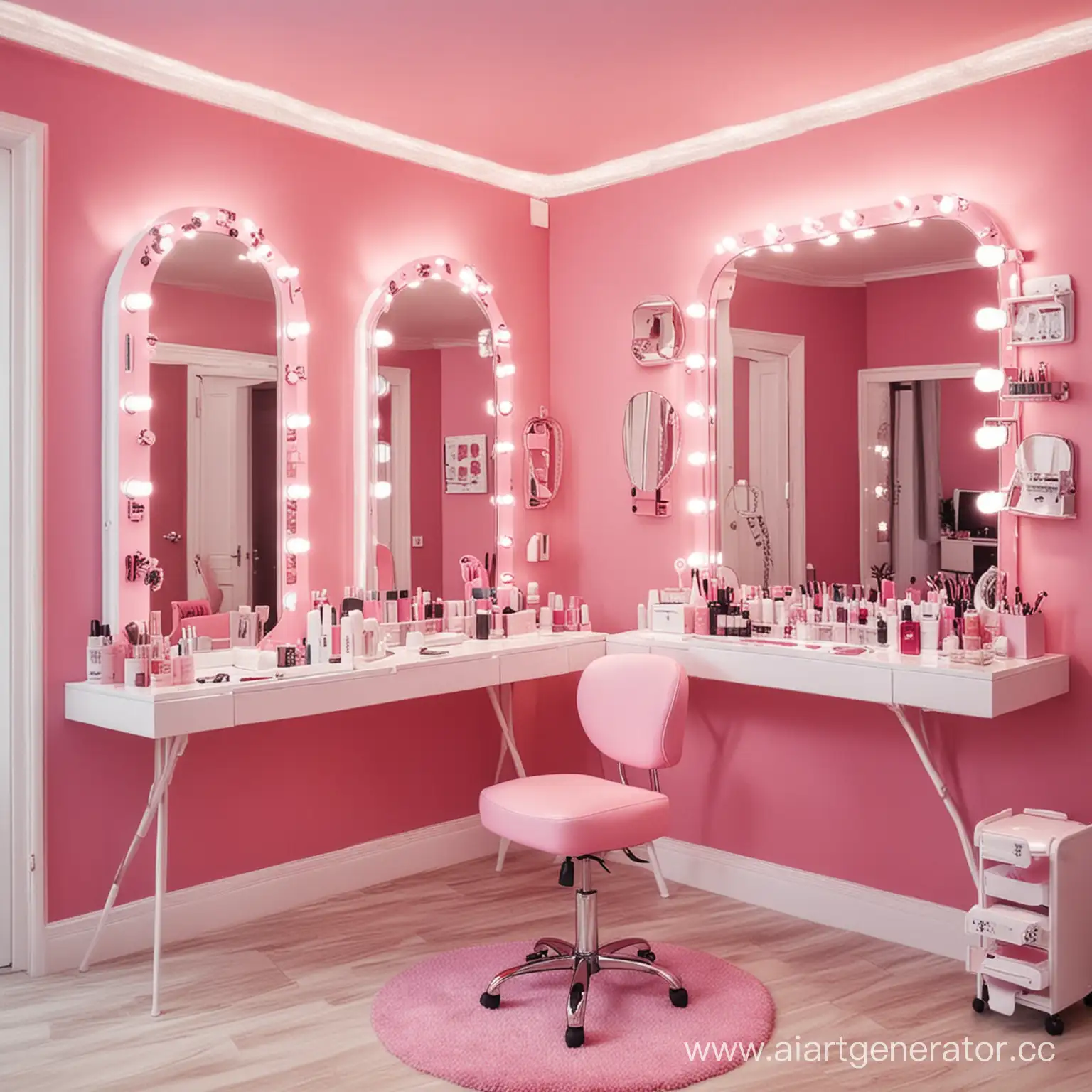 Создай салон красоты в розовом цвете, где мастер делает маникюр молодой девушке