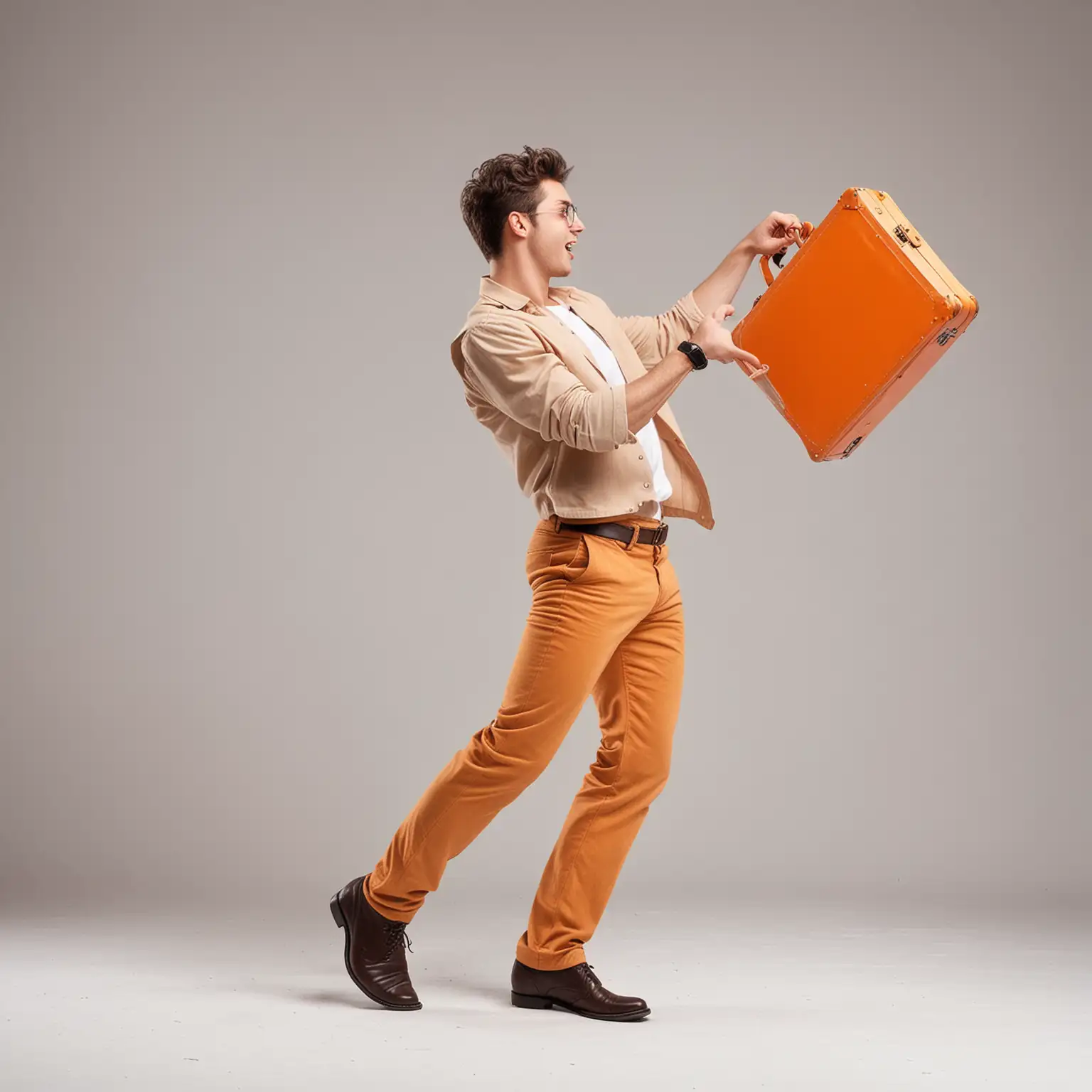 Young Man Dancing with Orange Briefcase on White Background