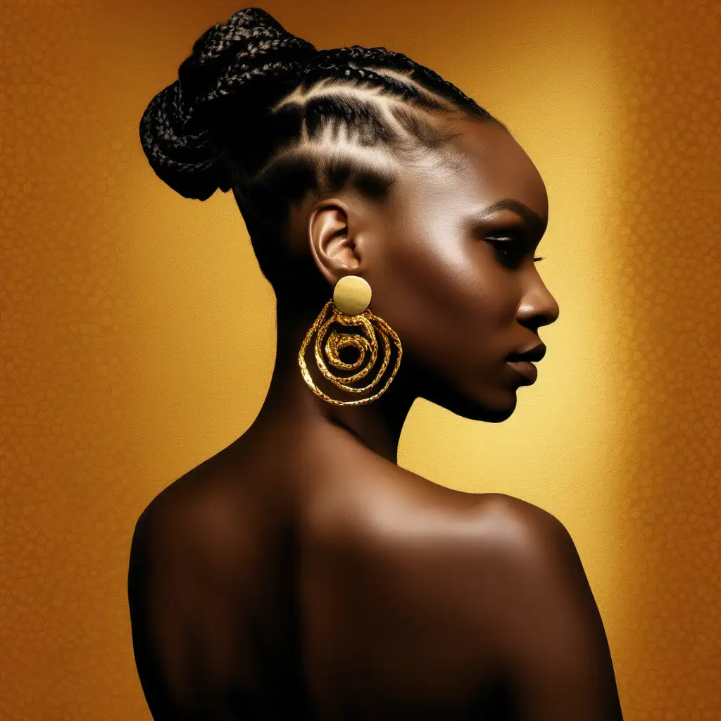Stylish Black Woman with Braids and Gold Earrings Against Brown and Gold Backdrop