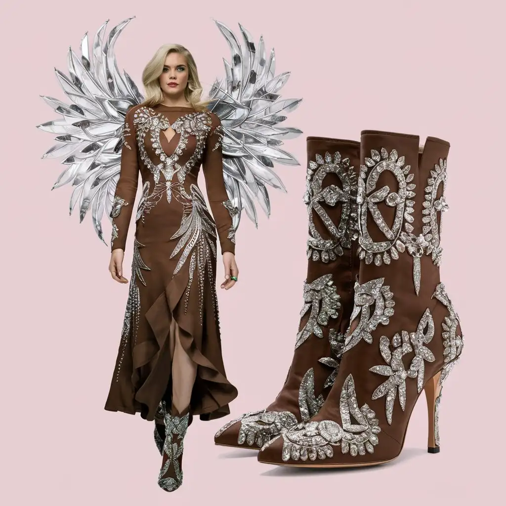 Design a luxury fashionable stylish high standard modern angel vibed Brown dress for woman wearing medium heel boots based on the theme of casiphia with silver, gems and old aesthetic money or jwelles.