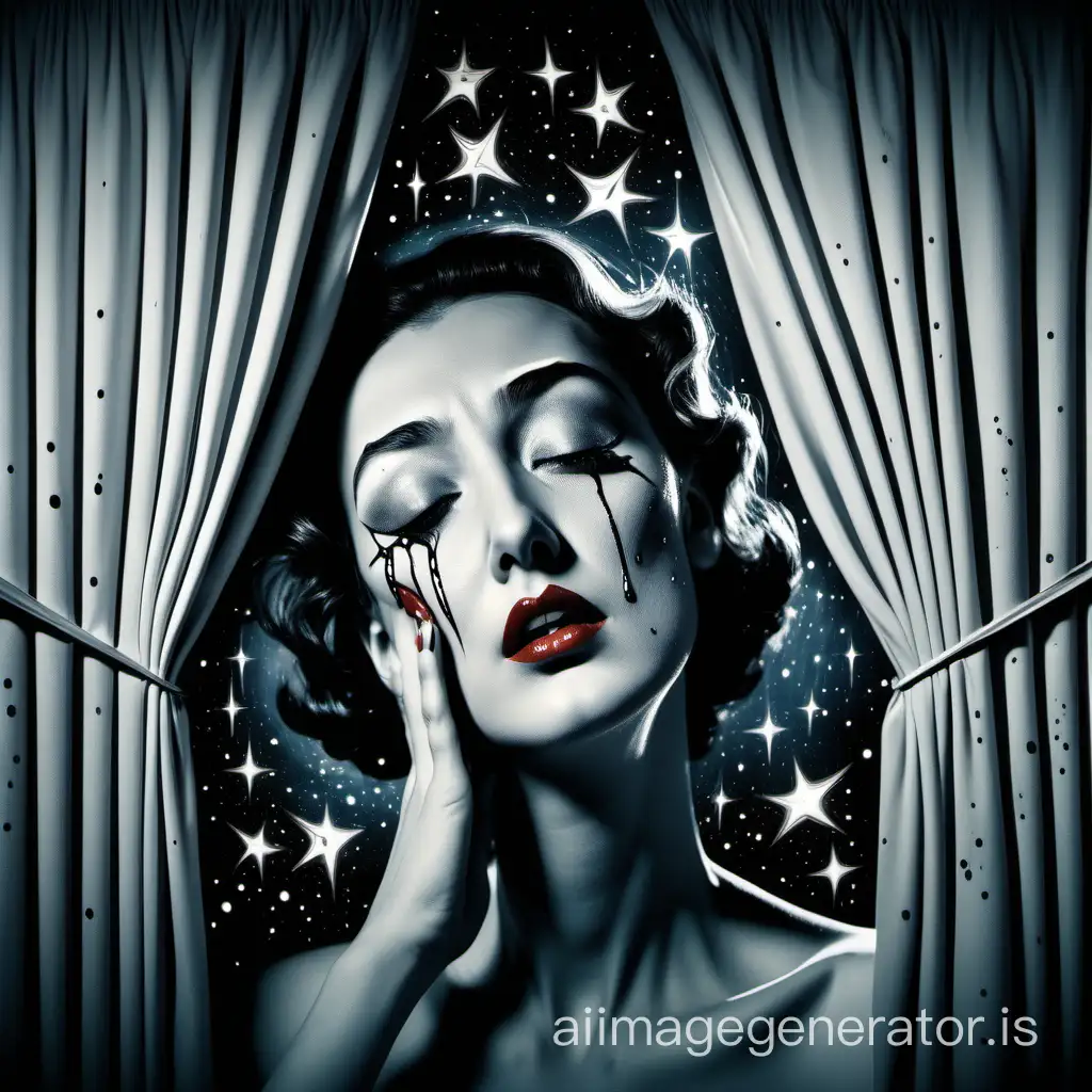 In the style of Salvador Dali. If the stars are lit, it means there's lipstick on the eyelashes. Mascara dripping down the walls, as if tears down the cheek. The curtains soaked with tears.