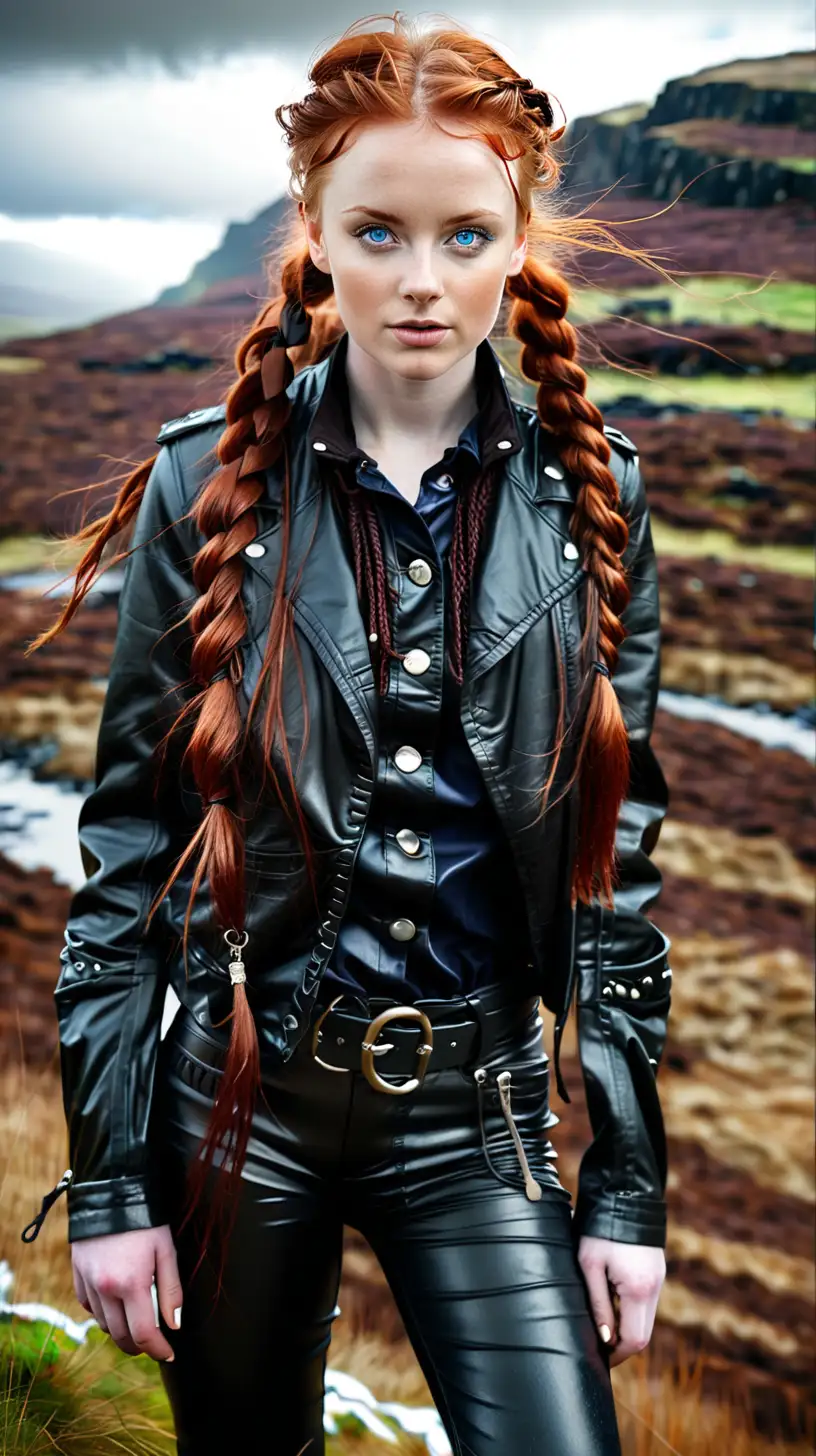 Enchanting Redhead in Stylish Leather Amidst Scottish Highlands
