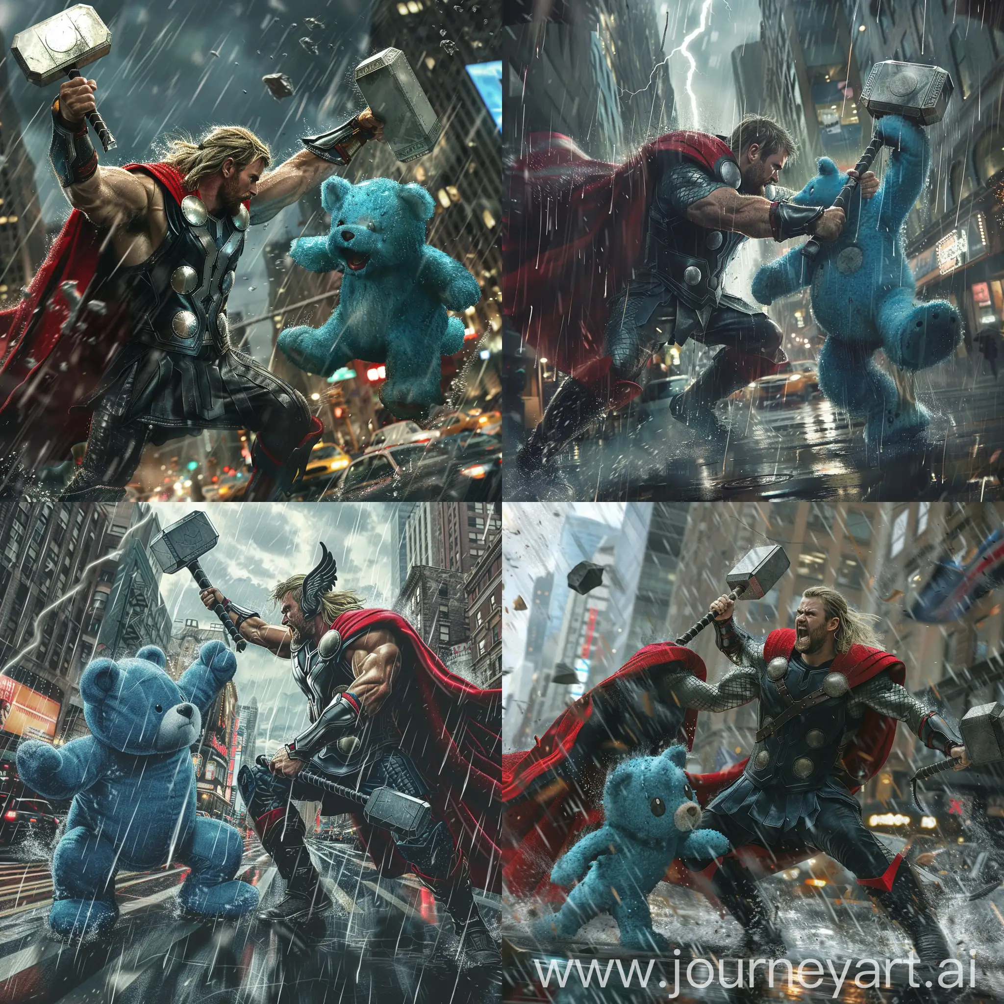 Thor peleando a muerte con el sito cariñosito azul, en medio de la ciudad un día de intensa lluvia