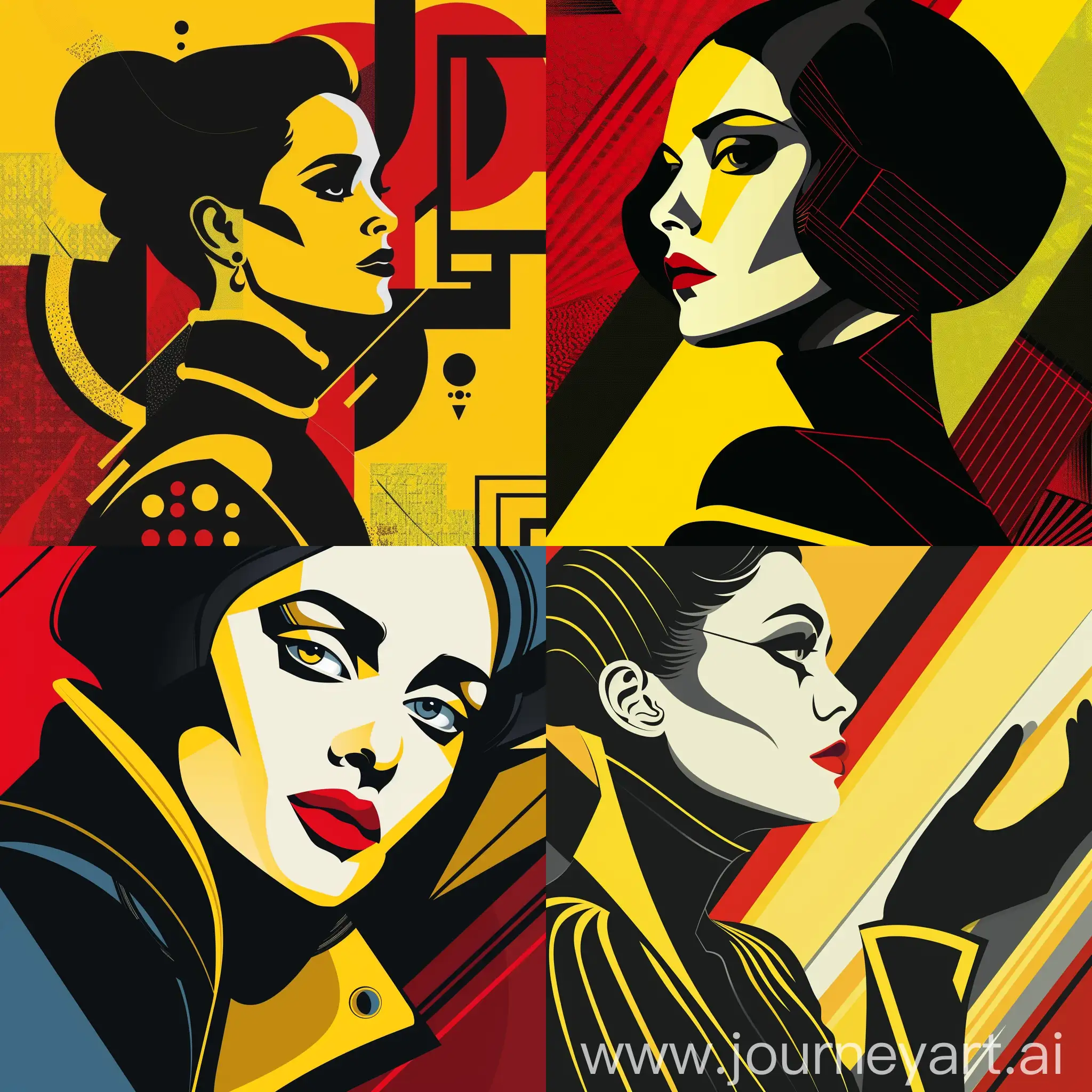 a woman in black and yellow, in the style of bold and colorful graphic design, art deco elegance, bright colors, bold shapes, red and azure, editorial illustrations, graphic design-inspired illustrations, vibrant and lively hues, in vector style