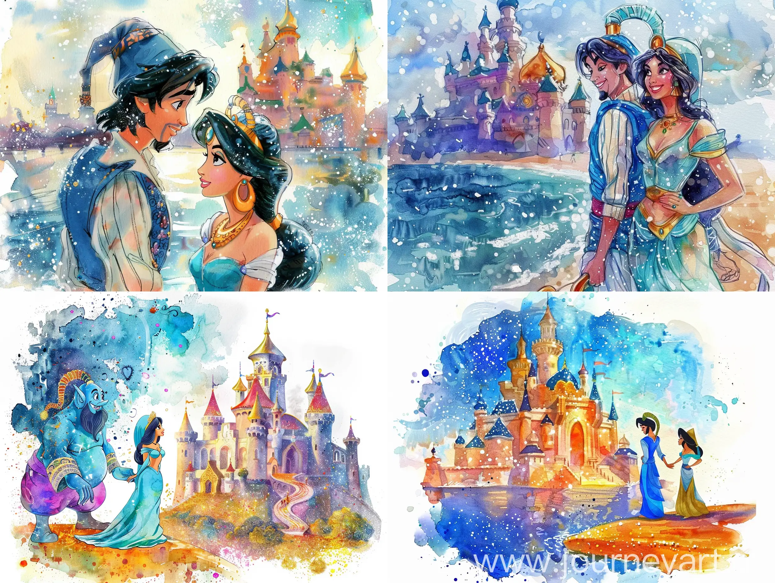 Aladdin-and-Jasmine-near-the-Castle-in-a-Fantasy-Watercolor-Scene