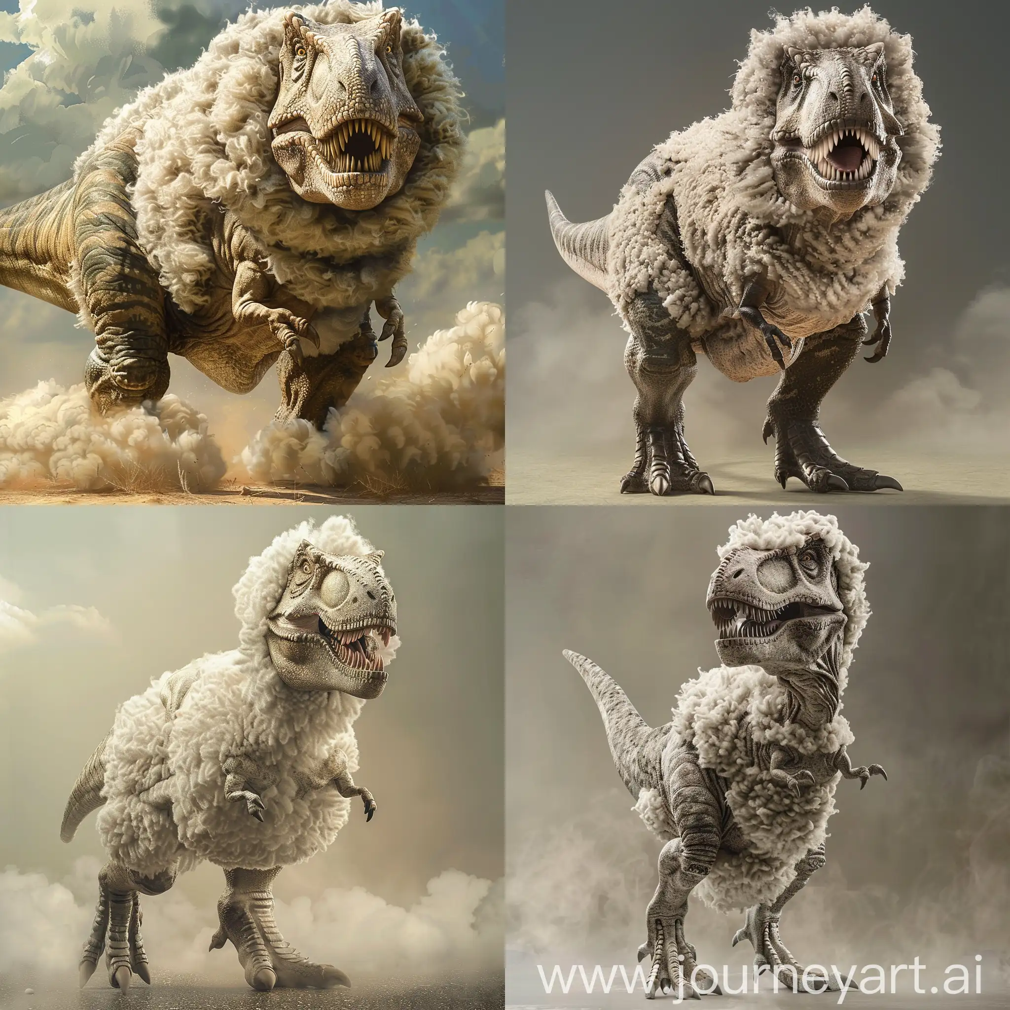 a t-rex with its whole body including head, mouth and arms and legs etc. covered by fur and looks like a sheep