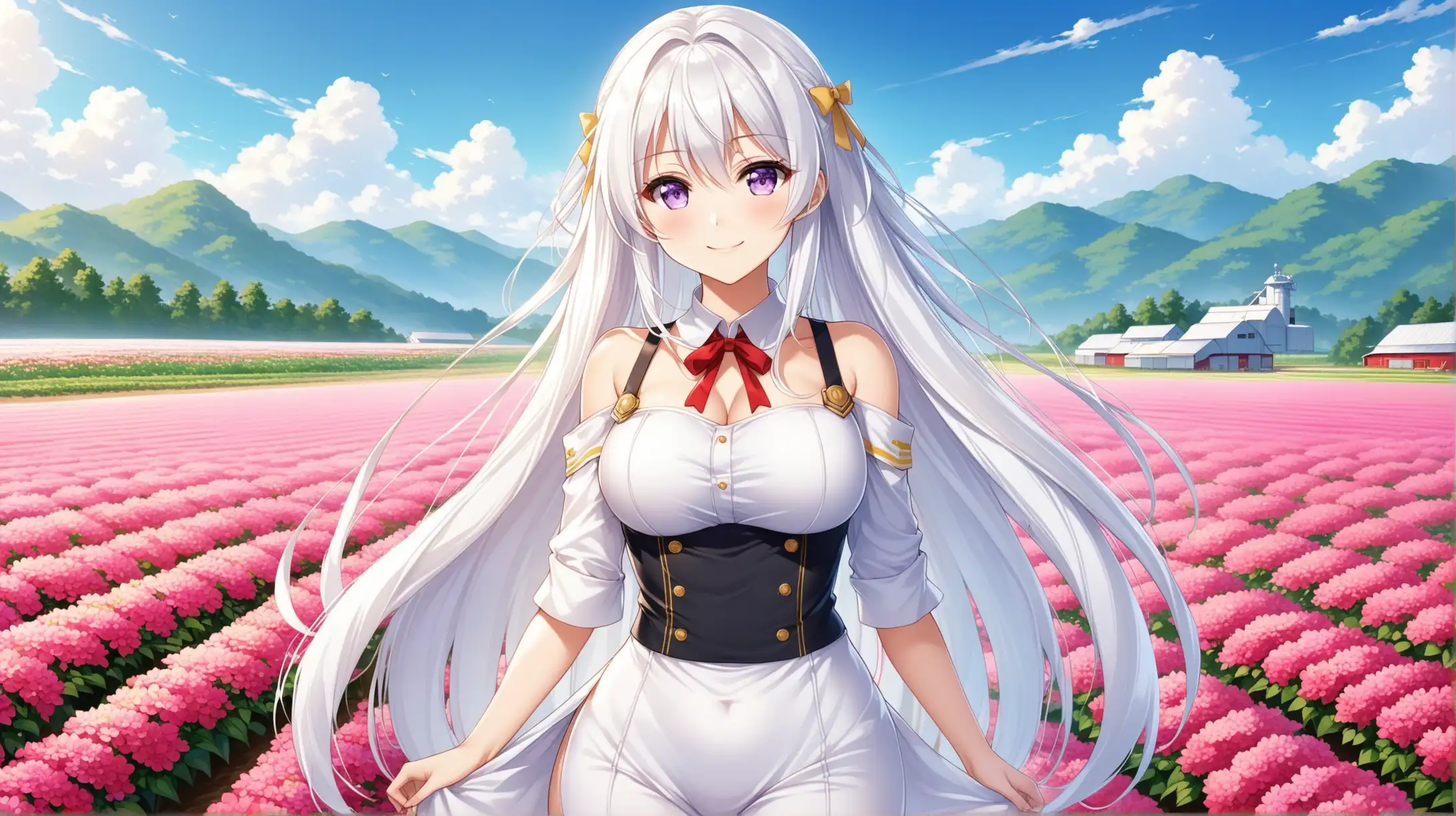 Draw the character Enterprise from Azur Lane, pale violet eyes, white hair, high quality, natural lighting, long shot, outdoors, flower farm, seductive pose, farm clothes, smiling at the viewer