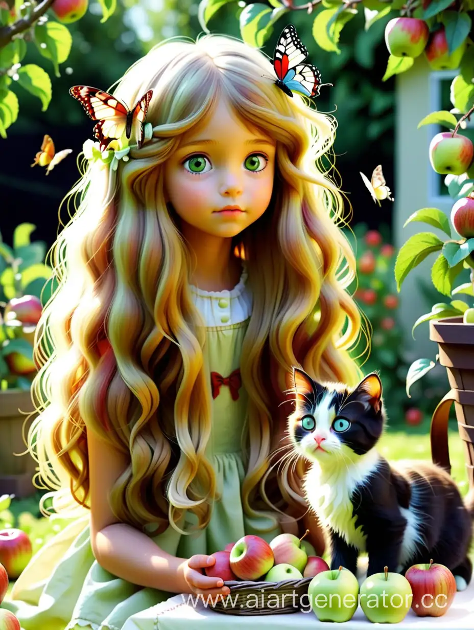 Девочка , длинными волосами , в саду с яблоками , и котенок на нее смотрит , бабочка а аолосах