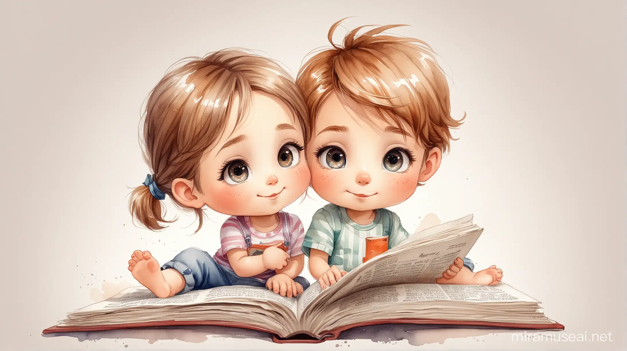 two very cute little kids, boy and girl, reading a book. full body, chibi eyes, watercolor, pencil drawing, white background, children book illustration