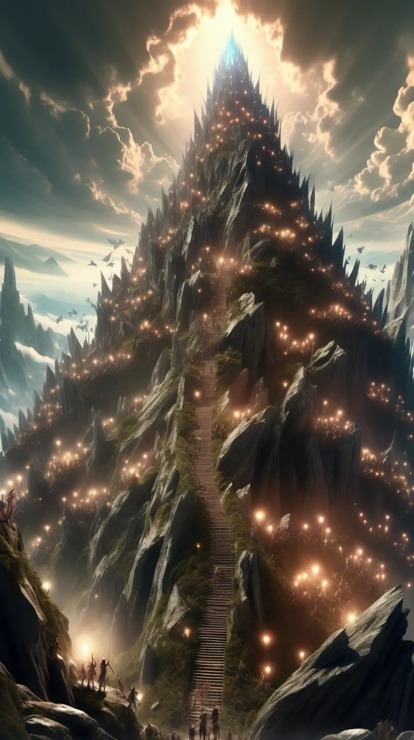 Large lighting army of fairys and giants in the top of a mountain, fantasy style, ultra detailed