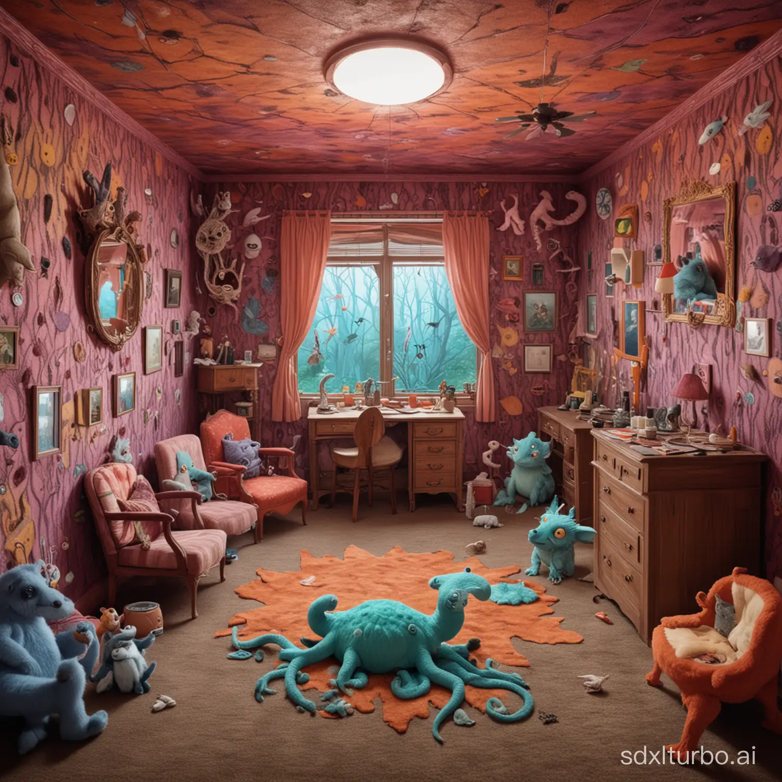 A room interior containing creatures as seen under lsd effects