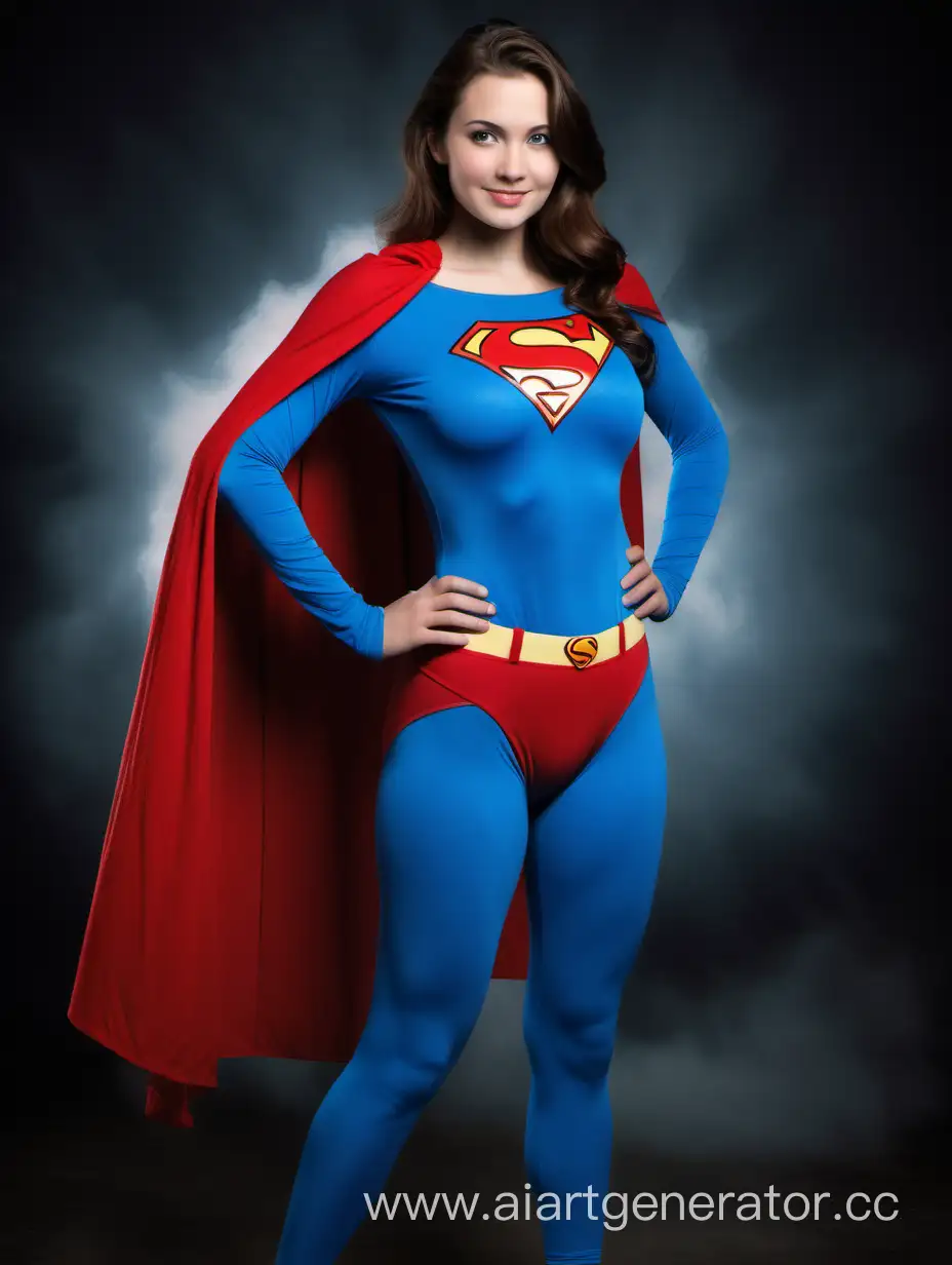 A beautiful woman with brown hair, age 28, She is happy, confident and strong. She is wearing a Superman costume with (blue leggings), (long blue sleeves), red briefs, and a long flowing cape. Her costume is made of very soft cotton fabric. The symbol on her chest has no black outlines.  She is posed like a superhero, strong and powerful. Bright photo studio. Superman The Movie.
