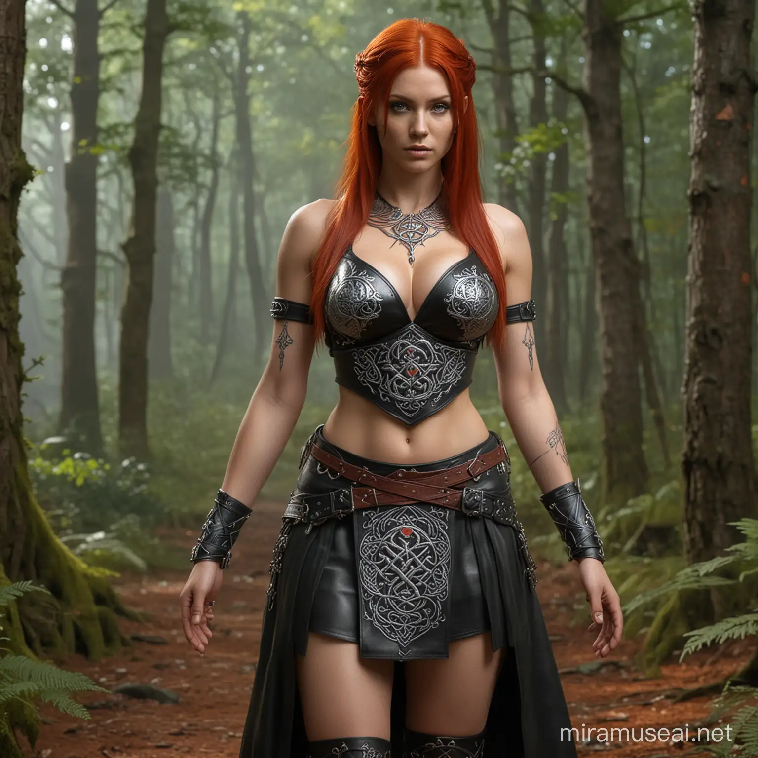 hyperrealistic extreme detail full body long shot showing an anatomically correct female human with large breasts, with fiery red hair decorated with silver, draconic symbols carved into the skin on arms and body. wearing a minimal sleeveless open front leather top that is engraved with celtic runes. wearing a short loose skirt embroided with colourful elven symbols. in a forest