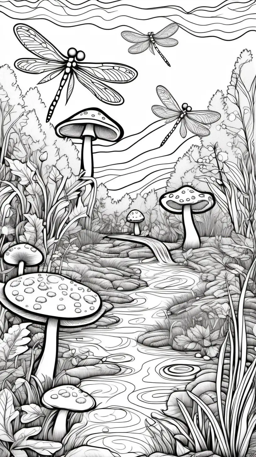 Enchanting Mushroom Meadow Coloring Page with Dragonflies and Stream