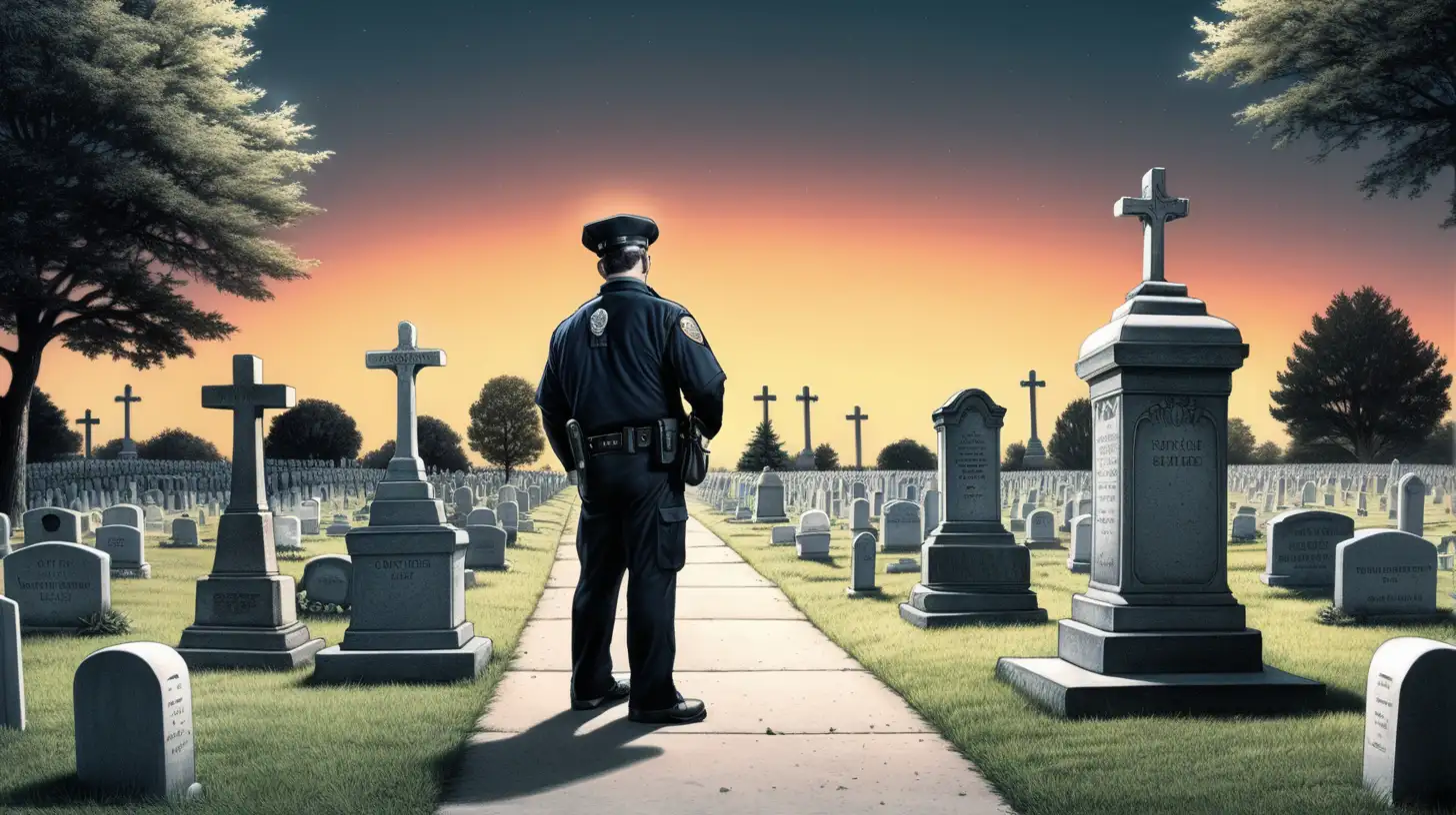 american comic, cinematic lighting, security guard, watching Cemetery