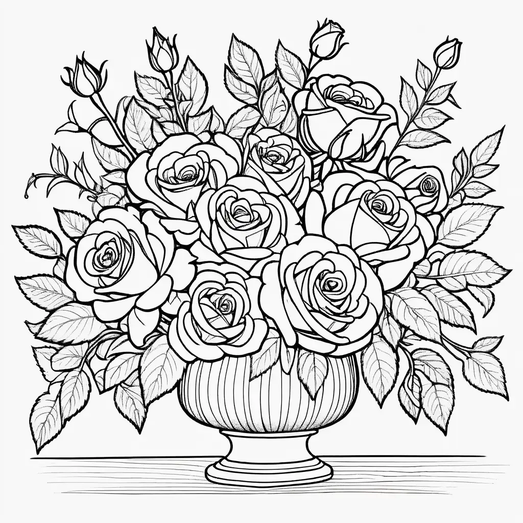  a coloring book page for adults featuring a therapeutic floral arrangement with roses, old drawing cartoon style, thick lines, low detail, no shading ar 9:11 
