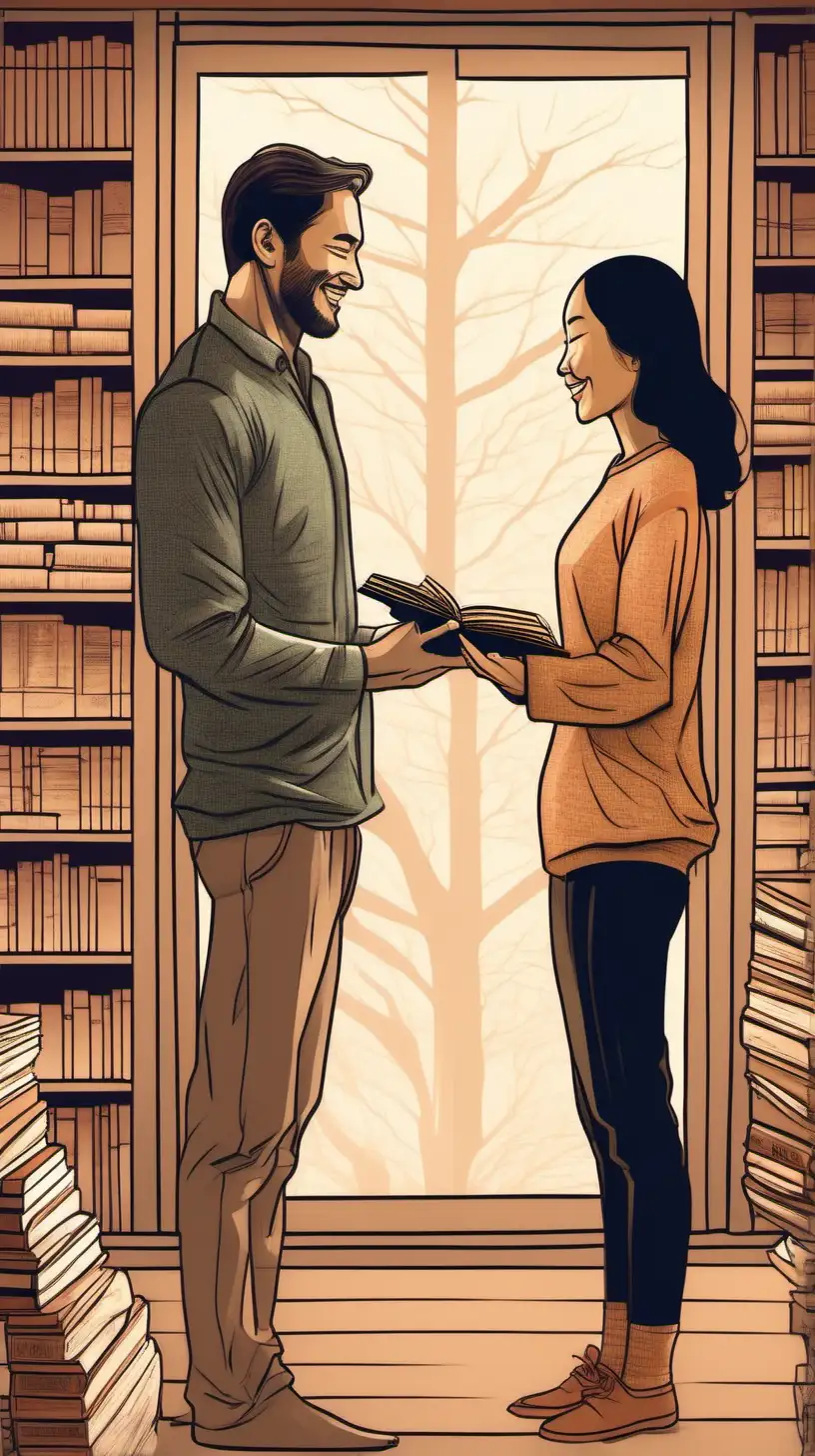 Two individuals, a Caucasian man and an East Asian woman, meeting and smiling at each other in a cozy bookstore, surrounded by books on meditation and personal growth, creating an atmosphere of shared interests and discovery.