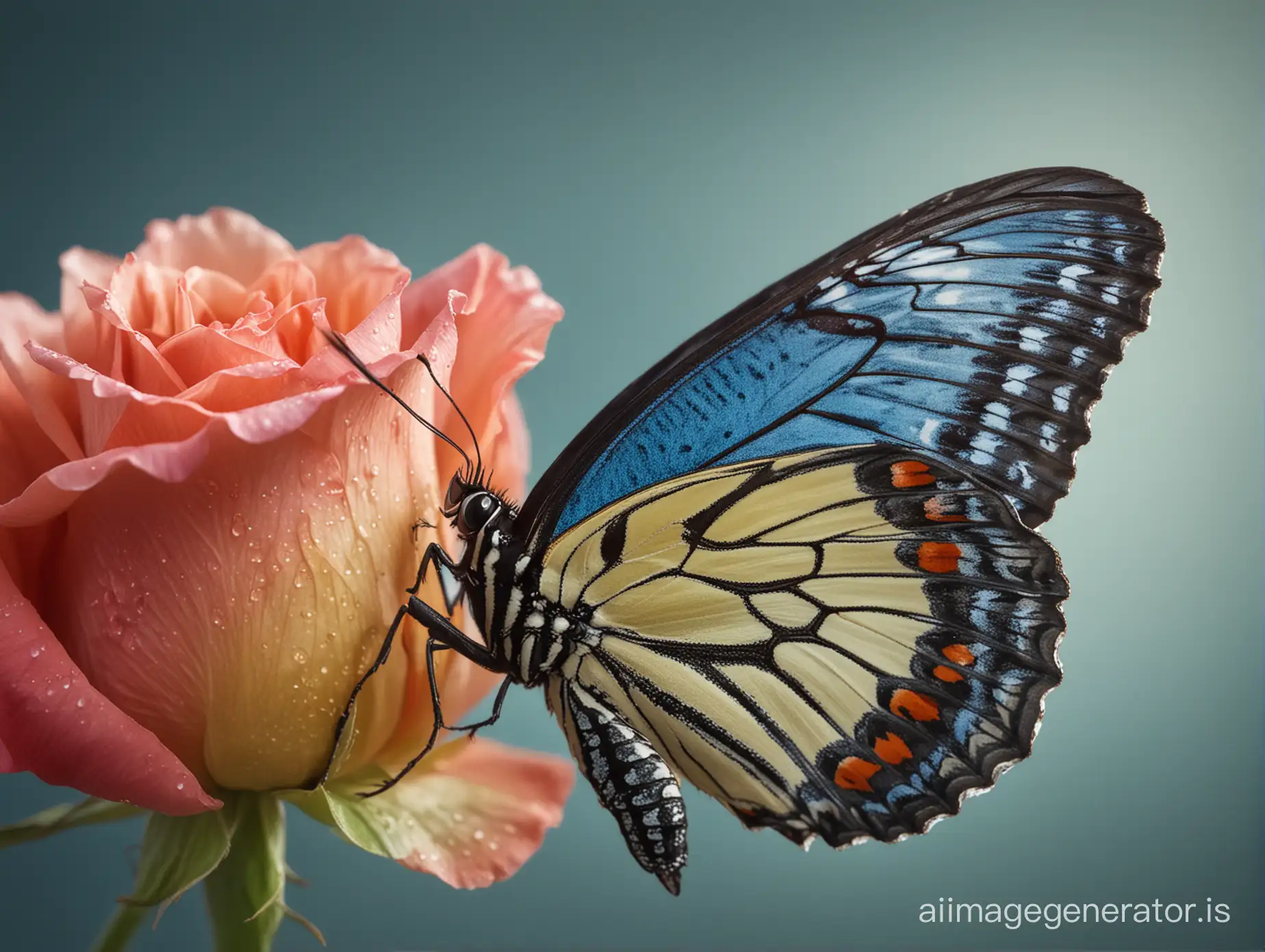 Macro-Photograph-of-Butterfly-Landing-on-Rose-Flower-with-Delicate-Detail-and-Noticable-Wing-Scar