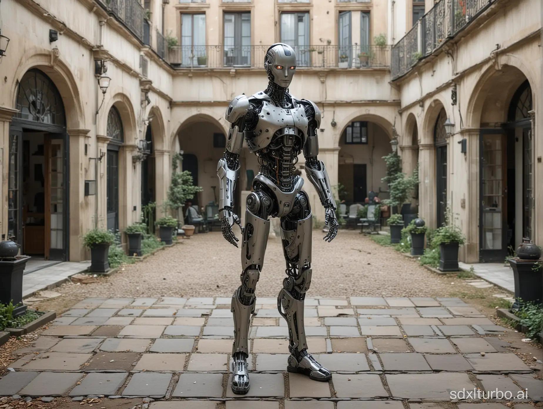 Depict an AI boyfriend, who has both mechanical and human parts, standing in the middle of the courtyard