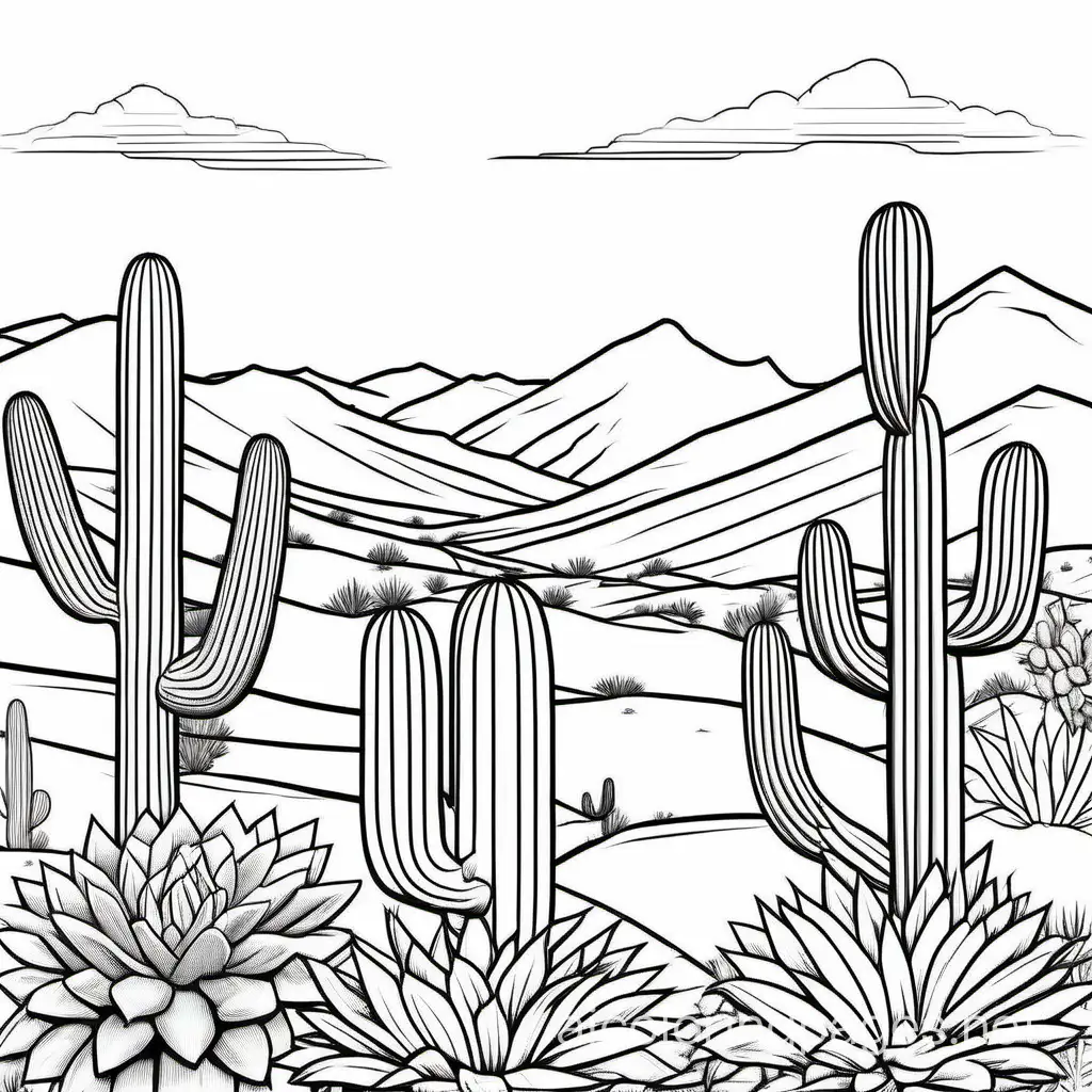 desert view with cactus flowers
, Coloring Page, black and white, line art, white background, Simplicity, Ample White Space. The background of the coloring page is plain white to make it easy for young children to color within the lines. The outlines of all the subjects are easy to distinguish, making it simple for kids to color without too much difficulty