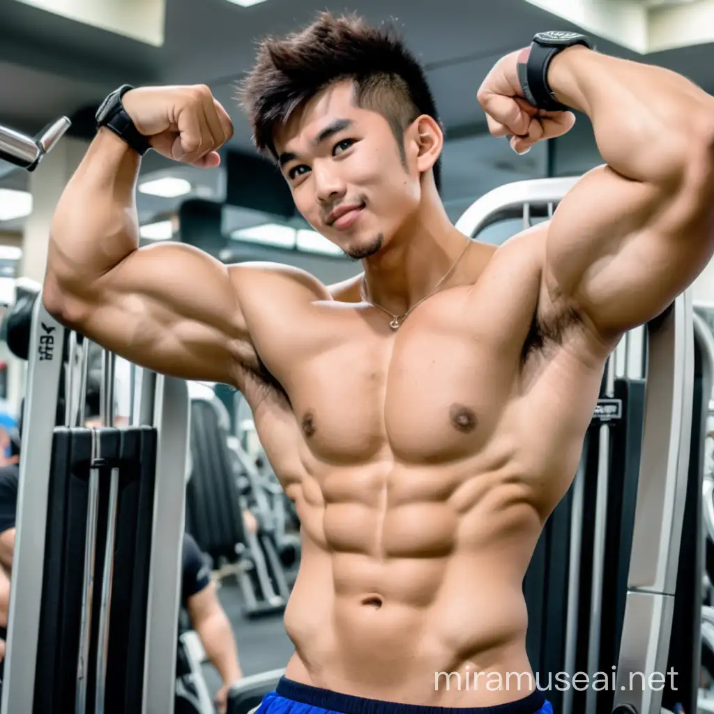 Muscular Asian Jock Flaunting Bulging Biceps and Hairy Armpits in Gym Setting