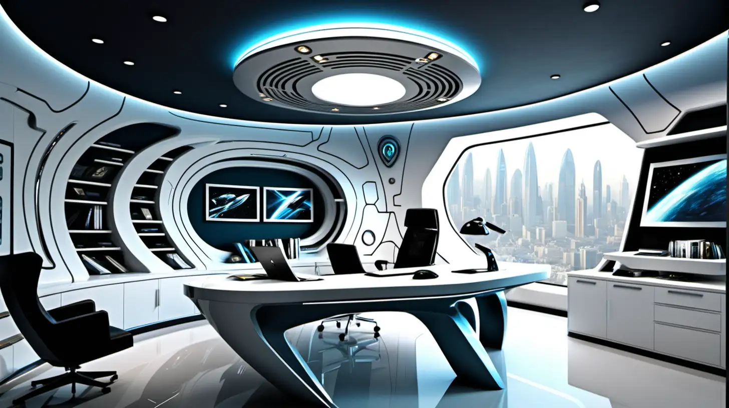 a high-tech and aesthetically pleasing home office with a futuristic design and sleek Star Trek  materials, influenced by the works of Karim RashidCopied!