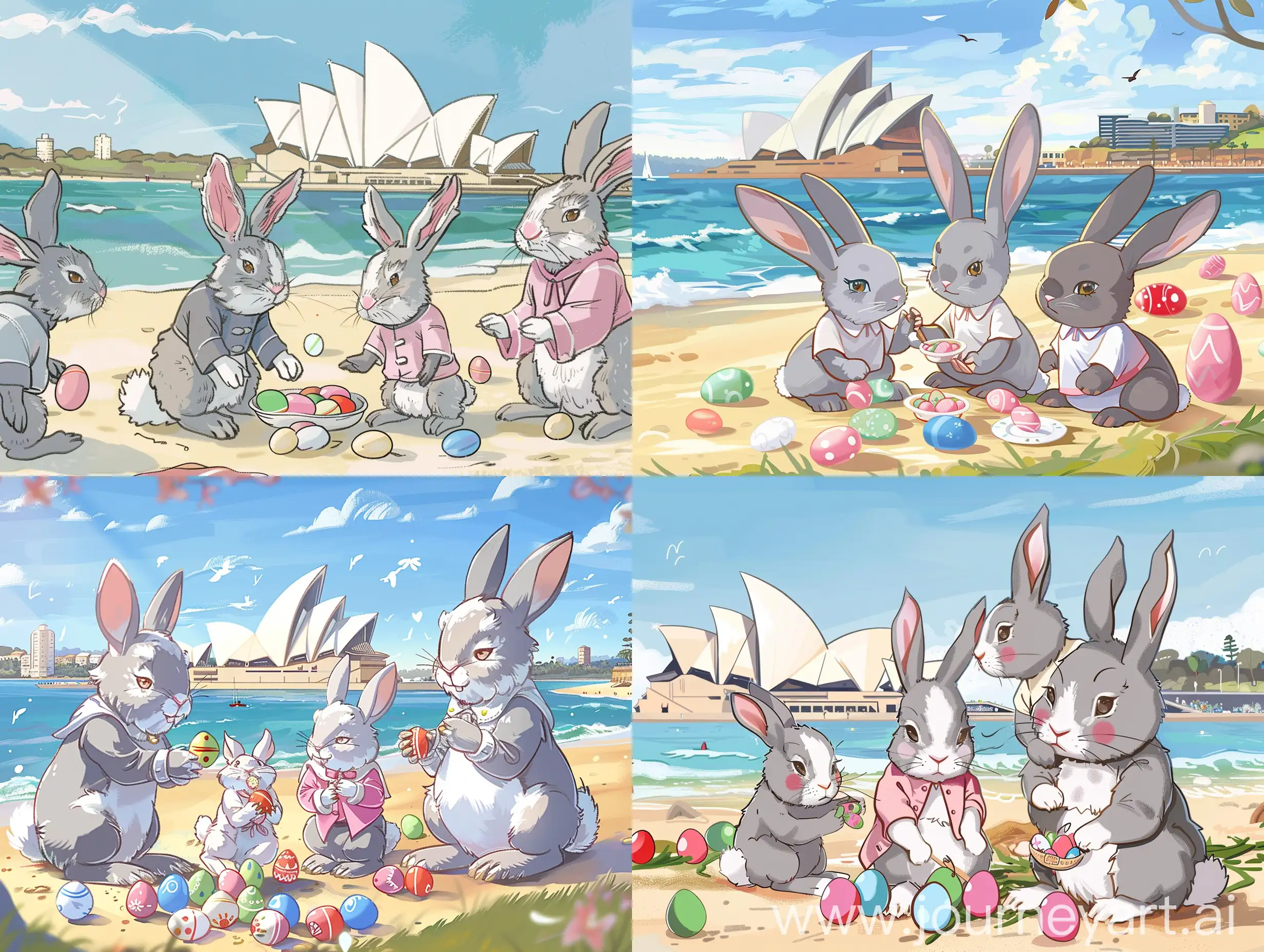 阳光明媚的早晨，穿着灰色、粉色和白色衣服的卡通风格的兔子一家聚集在背景是悉尼歌剧院的海滩边，准备复活节午餐，周围有可爱的彩色鸡蛋。