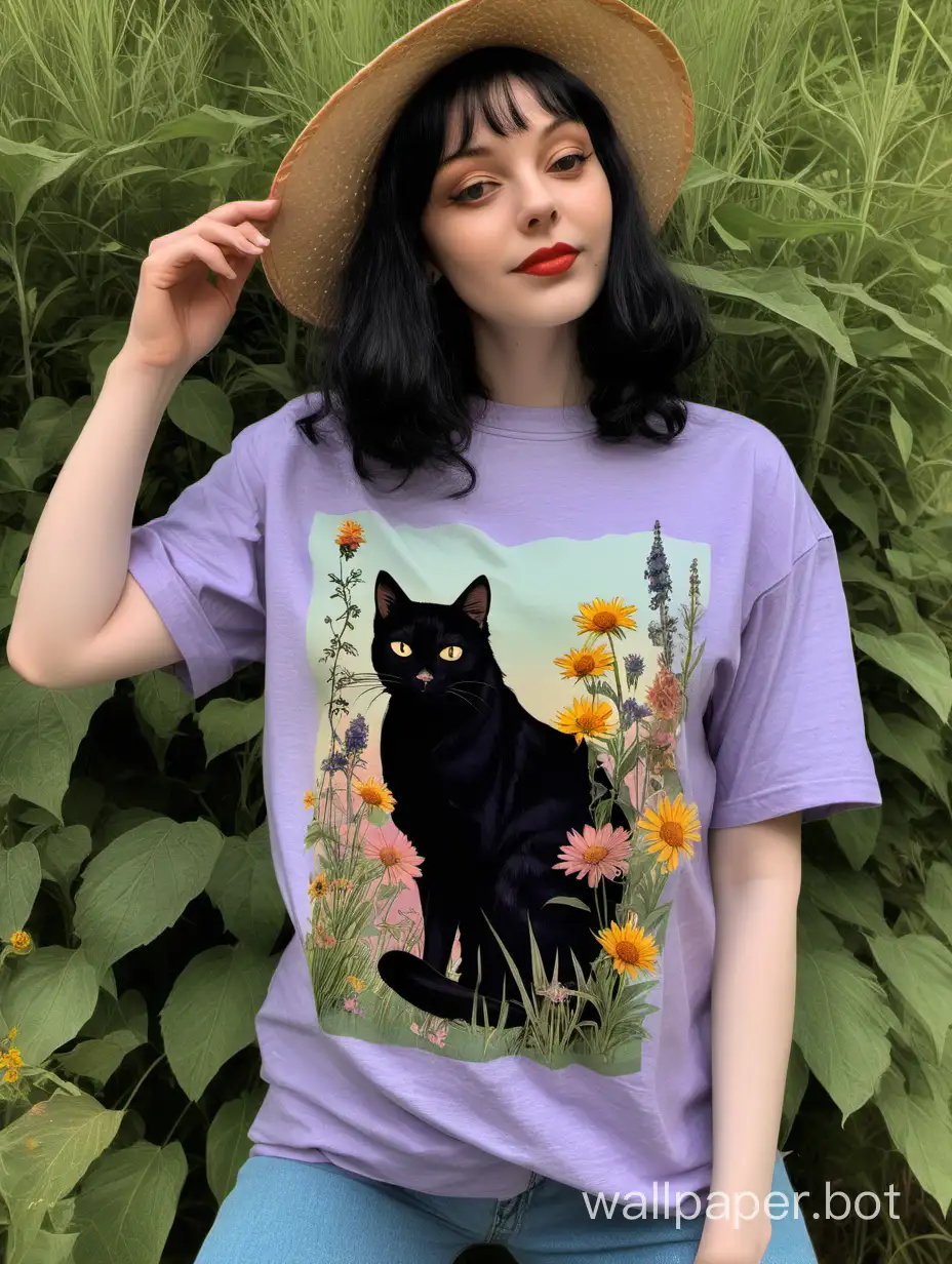 Black Cat T-Shirt, Bohemian Wildflowers Cottagecore Shirt, Oversized Vintage Cat T-Shirt, Pastel Black Cat Shirt, Cat Lover Shirt