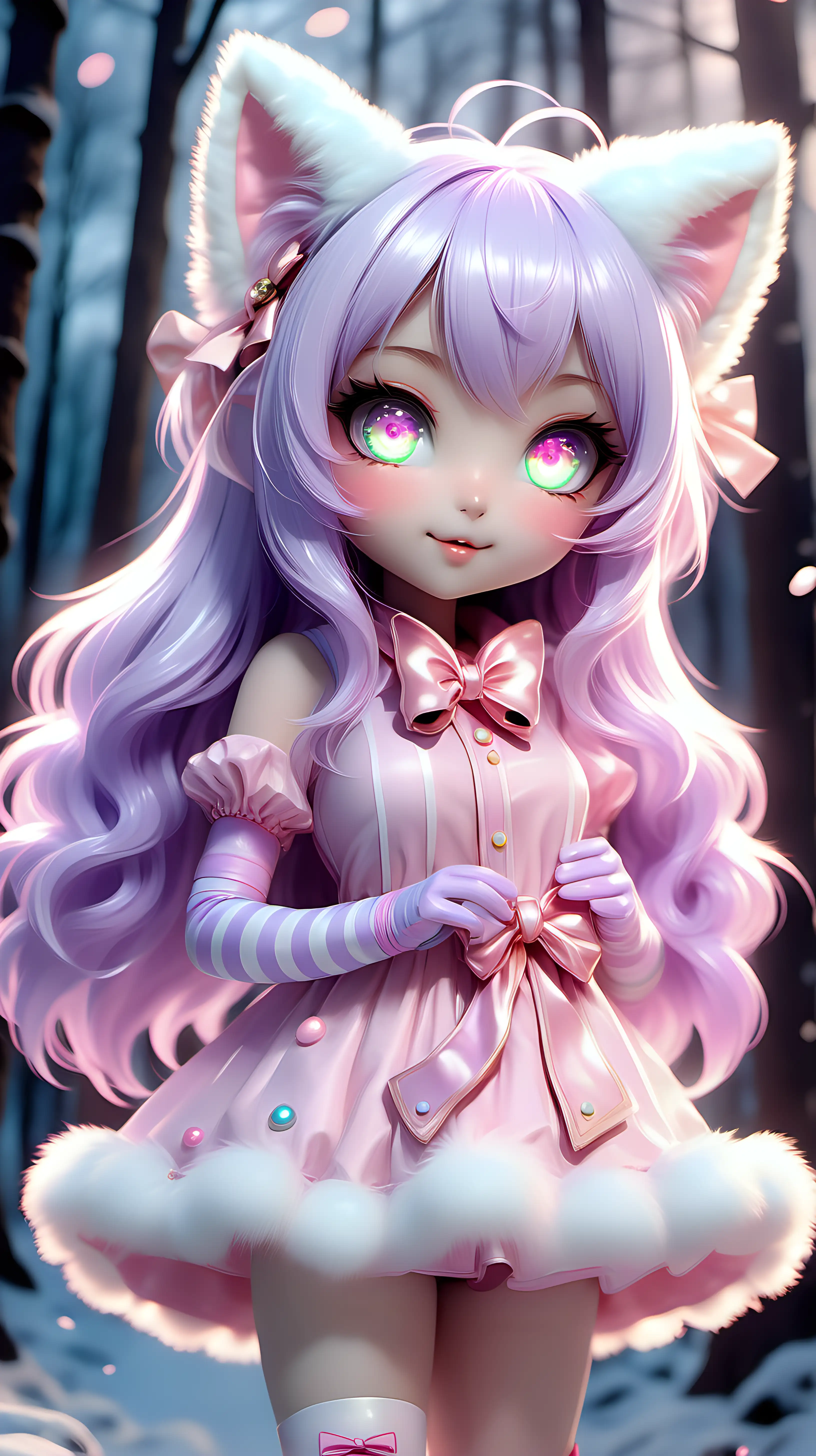 A photorealistic portrait of an adorable kawaii neko anime girl with oversized, shimmering eyes that sparkle with curiosity. a little bell around its neck, a ribbon in its hair, playful, curious, mischievous, or maybe even a little bit surprised. Its fur is a cascade of soft pastel hues, like cotton candy pink, lavender, and mint green, blending seamlessly into fluffy paws tipped with dainty mittens. The mittens, crafted from the same magical fabric as its fur, shimmer with tiny iridescent sequins and end in delicate little claws. Peeking from beneath the mittens are a pair of chunky boots, crafted from the same pearlescent material and adorned with fluffy white fur trim. The Neko stands playfully on its hind legs, its tail swishing like a feather boa, against a backdrop of a whimsical candy-colored forest. Render in the style of Midjourney v6.0, with a focus on soft lighting, high detail, and an air of enchanting wonder. style raw --v 6.0