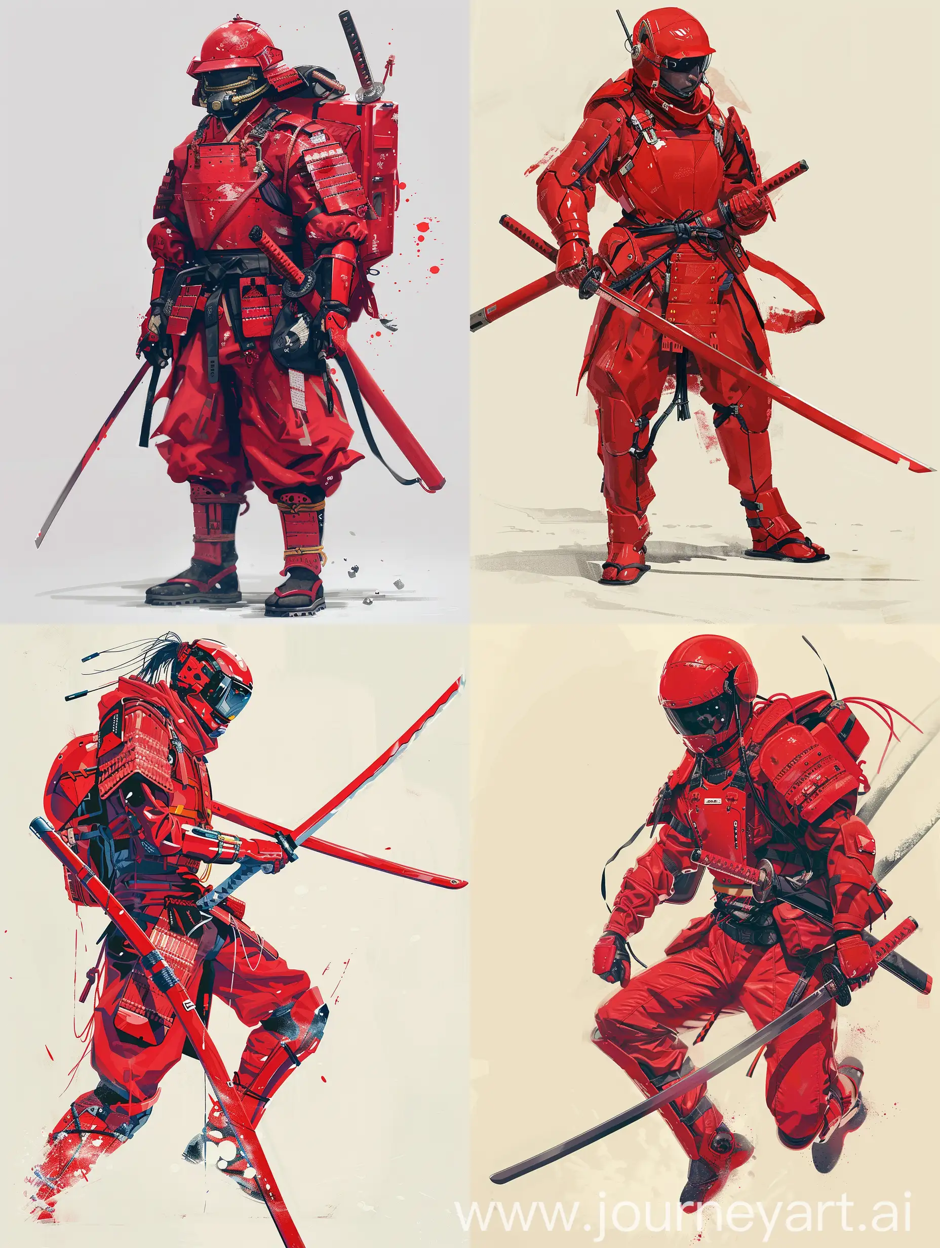 "Craft an evocative image capturing the essence of a modern-day urban samurai, drawing inspiration from the style of Kanō Hōgai's artwork. Envision the figure donned in a vibrant red samurai suit, seamlessly blending traditional armor with contemporary Japanese techwear. Picture the fusion of ancient samurai aesthetics with futuristic elements, such as a sleek flight suit design and high-tech red armor, reminiscent of cyberpunk influences. The samurai, reminiscent of a character from a sci-fi narrative, exudes a captivating aura as they wield a formidable sword, embodying a harmonious convergence of tradition and innovation in a mesmerizing tableau of modern-day samurai elegance."