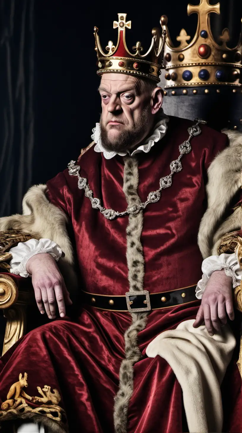 A color profile photo of an ugly King James 1 of England, sat on a throne, drinking a goblet of wine