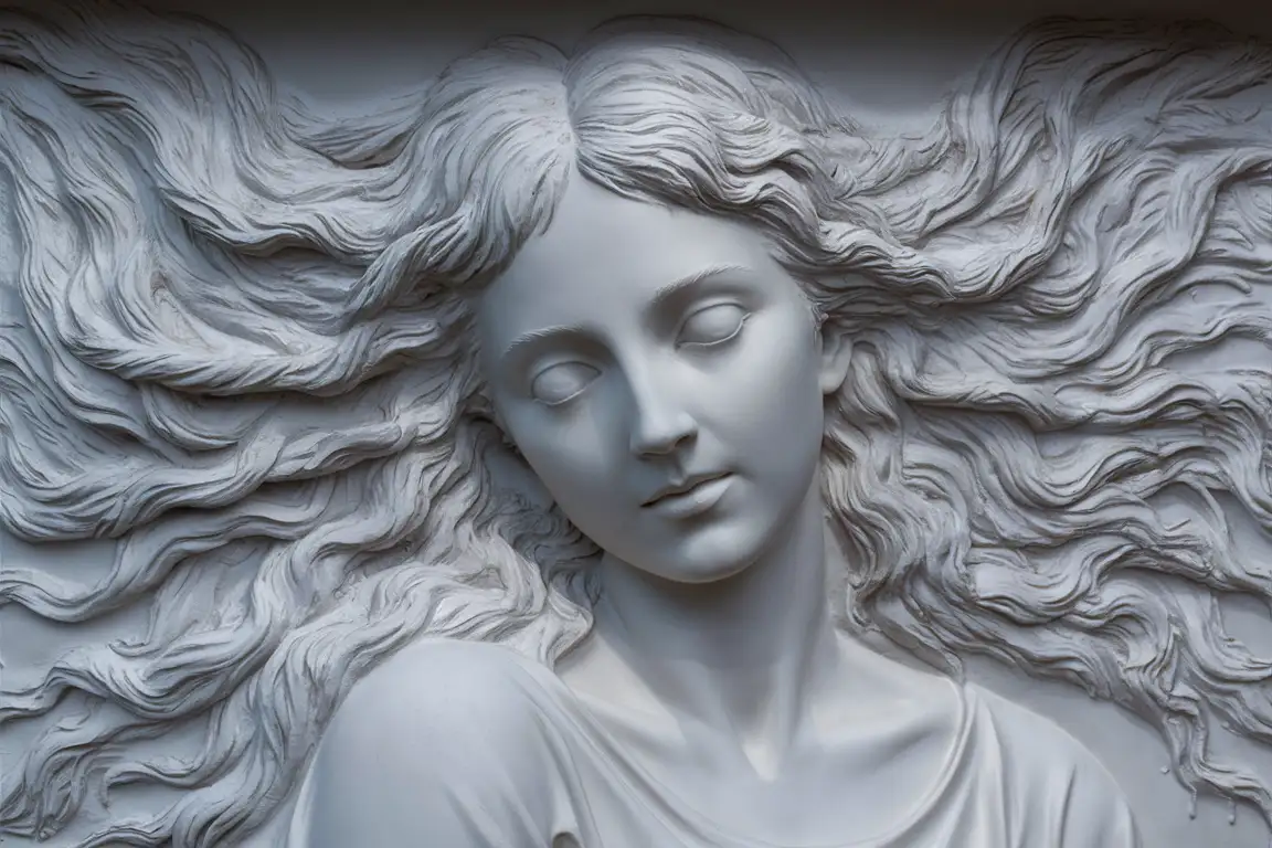 white basrelief sculpture of young woman with huge flowing hair around with closed eyes