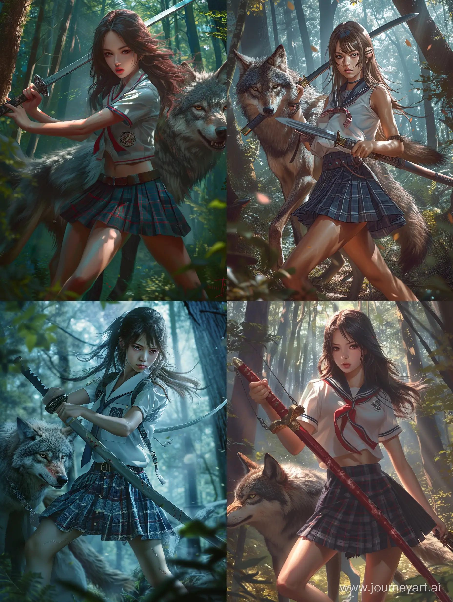 High-School-Girl-with-Sword-and-Wolf-in-Enchanted-Forest
