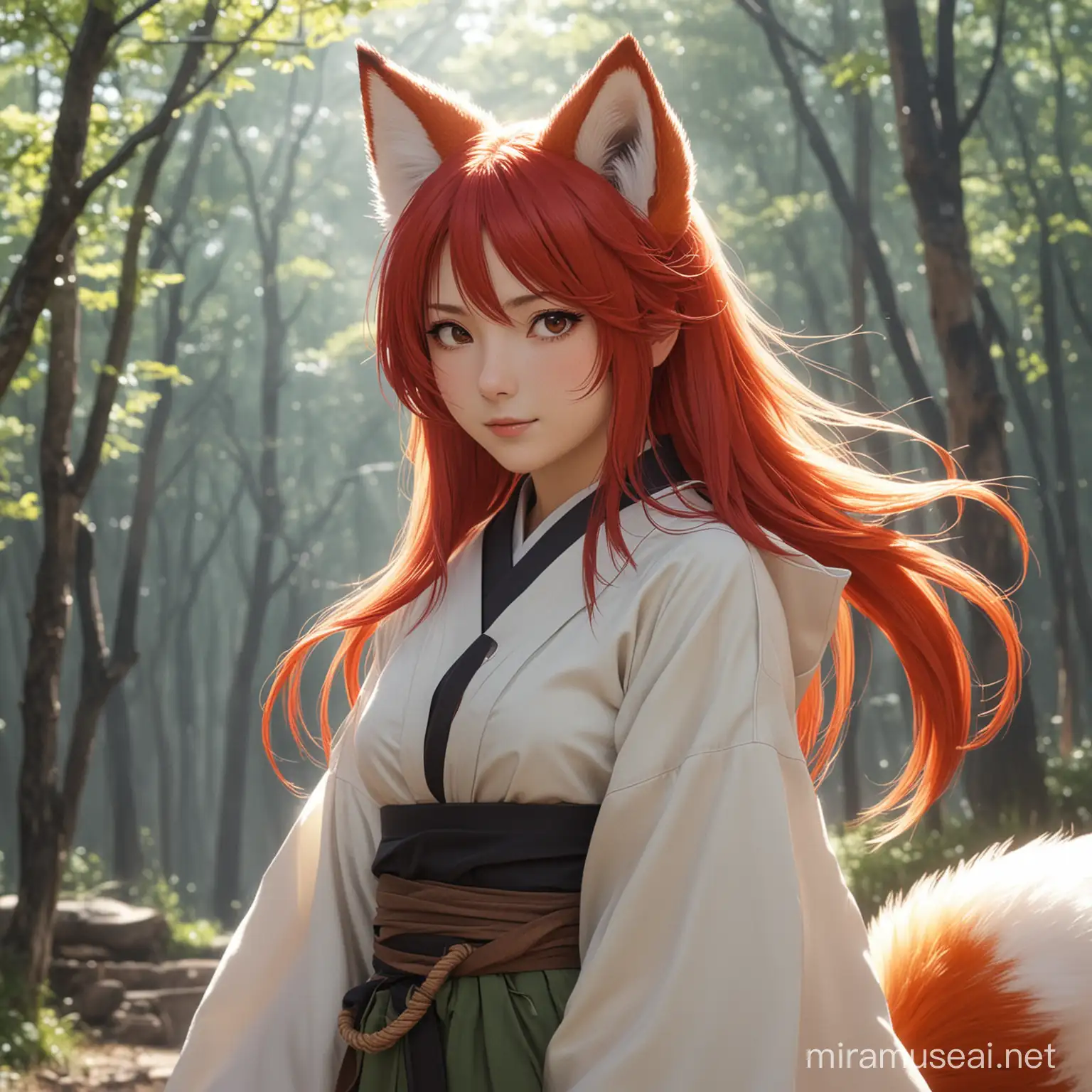 Mystical Fox Spirit with Red Hair and Traditional Yutaka