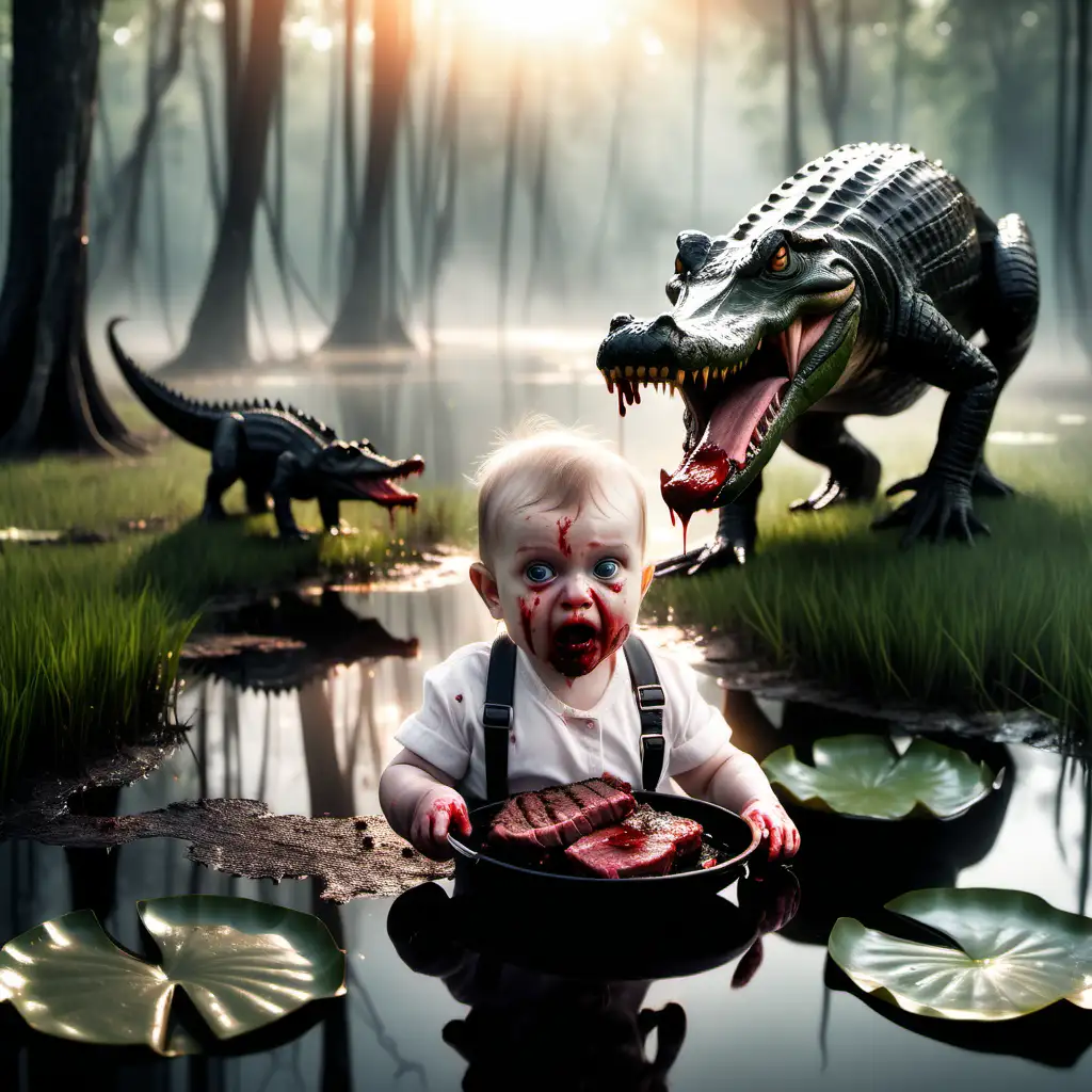Terrified Infant Gripping Bloody Steak near Sinister Crocodile in Swamp