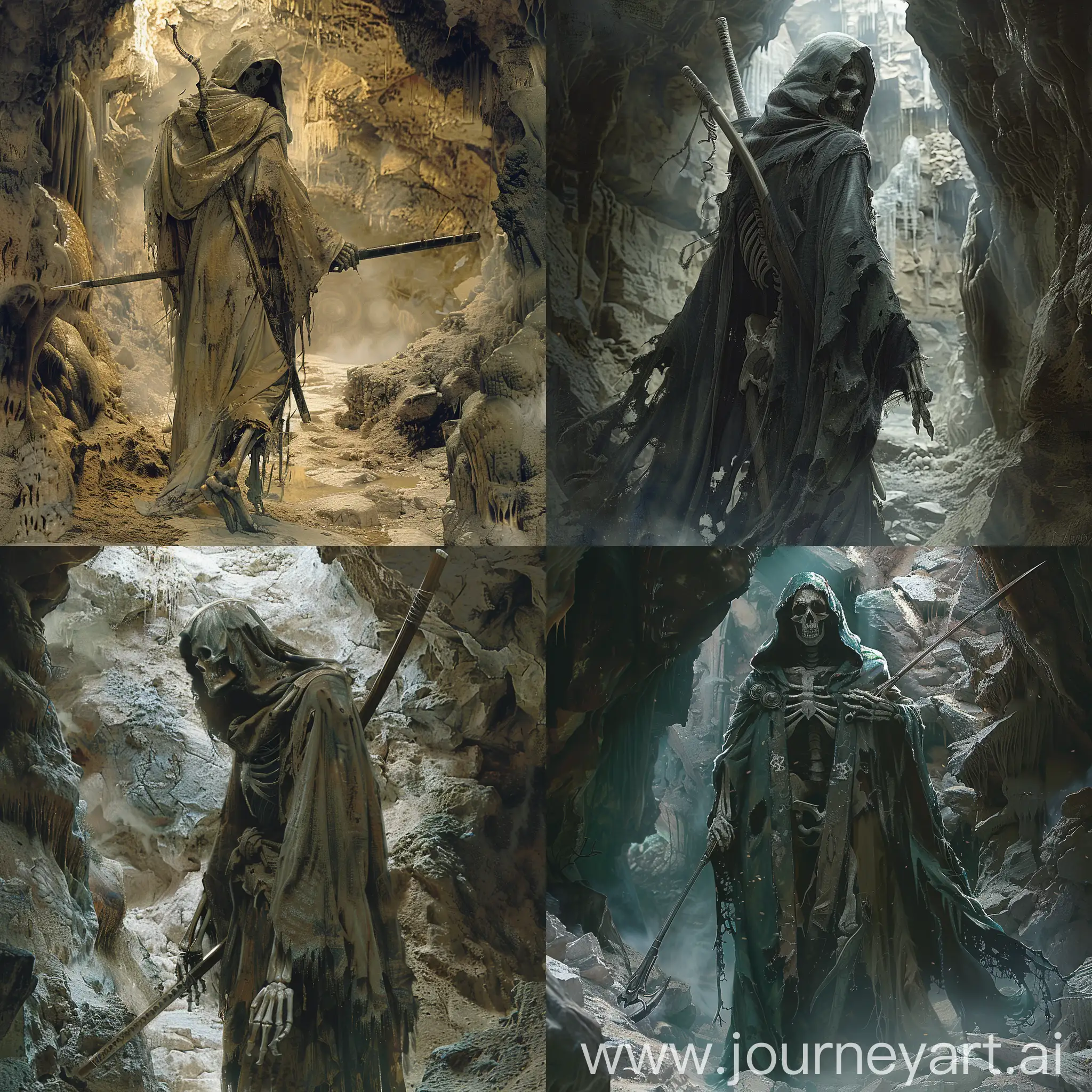 Skeleton warrior with robe and hood,naginata on the back , in a cave-like place underground , horror place , incredible detail,terrifying,Digital Art,fantasy.