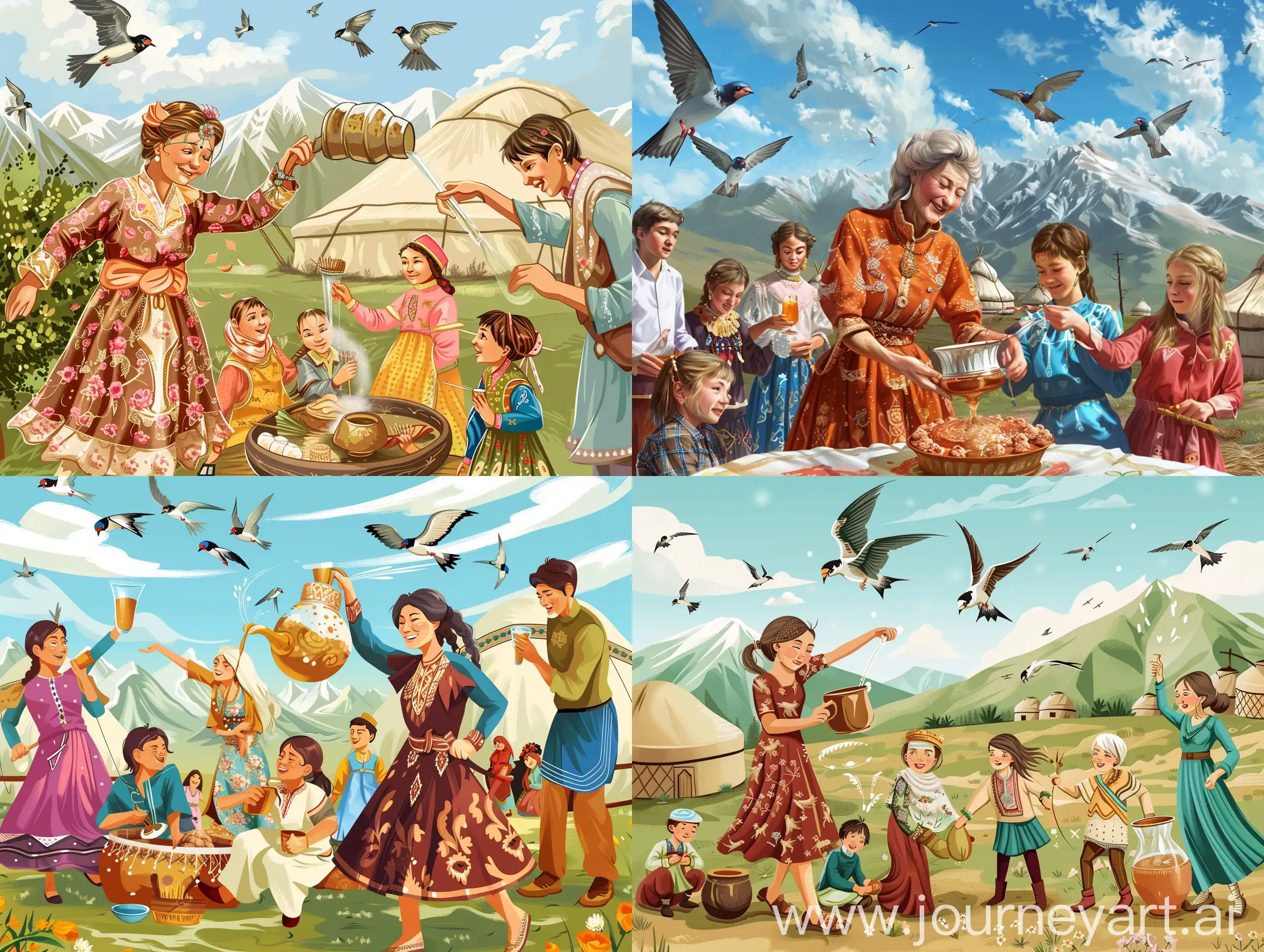 Generate an image for a banner on the theme of Nauryz in Kazakhstan, where there is an atmosphere of celebration, spring, and joy, with girls and young men on Altıbakan, a grandmother pouring kumys in a kimeshek, swallows flying, a background of yurt and mountains, zhailau.