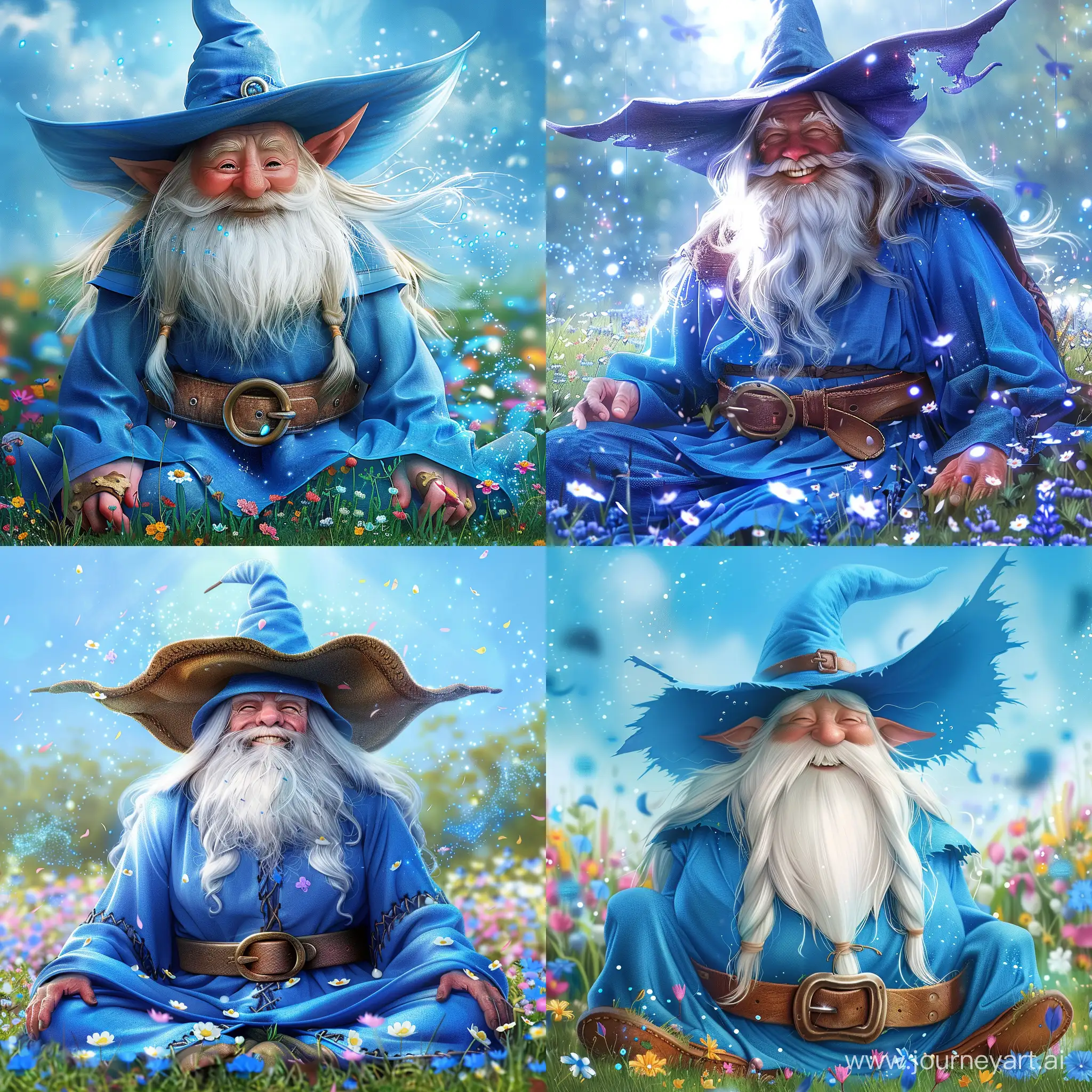 a cartoon smiling wizard with a pleasant friendly face, in elegant blue clothes, long white hair and beard, wearing a pointy wizard hat made of rough cloth with the wide leather belt and bronze buckle, sitting in the magical flowery field, fairy blue sparkles and dust in the air, 