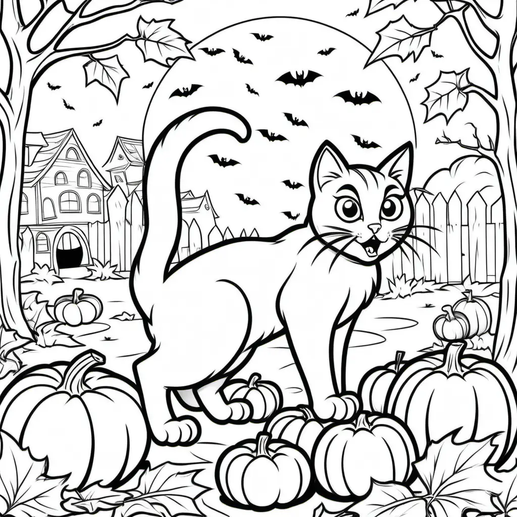 simple black and white halloween coloring book picture of real prowling cat with pumpkins
