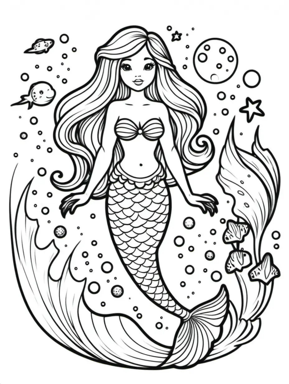 Space Mermaid Coloring Page Fun and Imaginative Black and White Activity for Kids