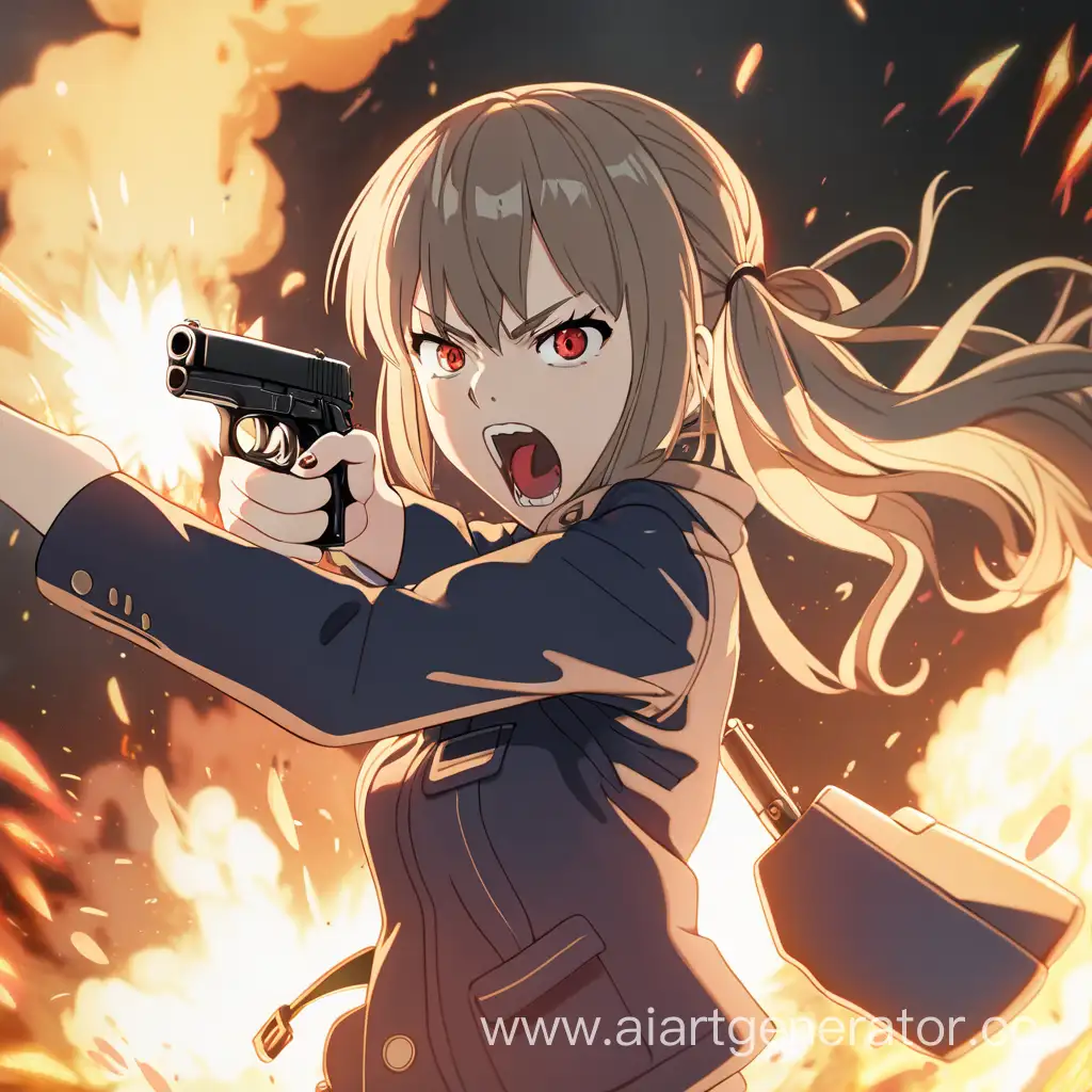 Агрессивная аниме девочка кричит, и целится пистолетом, а сзади нее огонь
