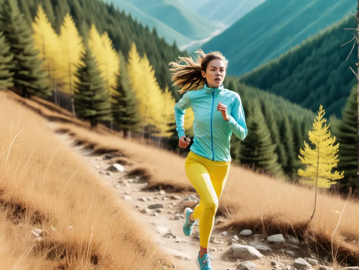 female running in the mountians wearing pastel yellow and blue clothes. Green colored trees
