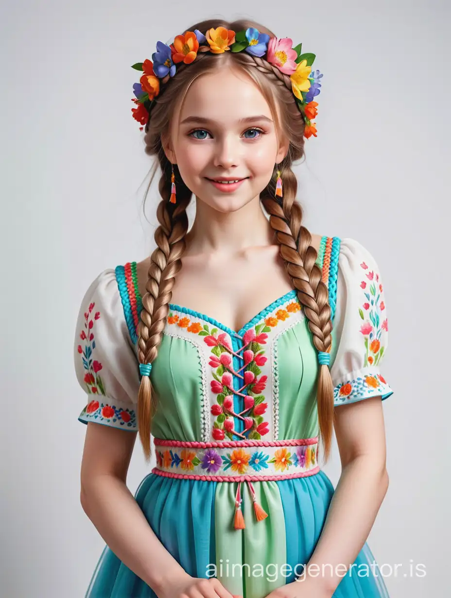 cheerful, beautiful girl-spring, Slavic appearance, plaited braids of flowers, in a magnificent dress of spring flowers, high detail, 8K, full-length full body, on a white background