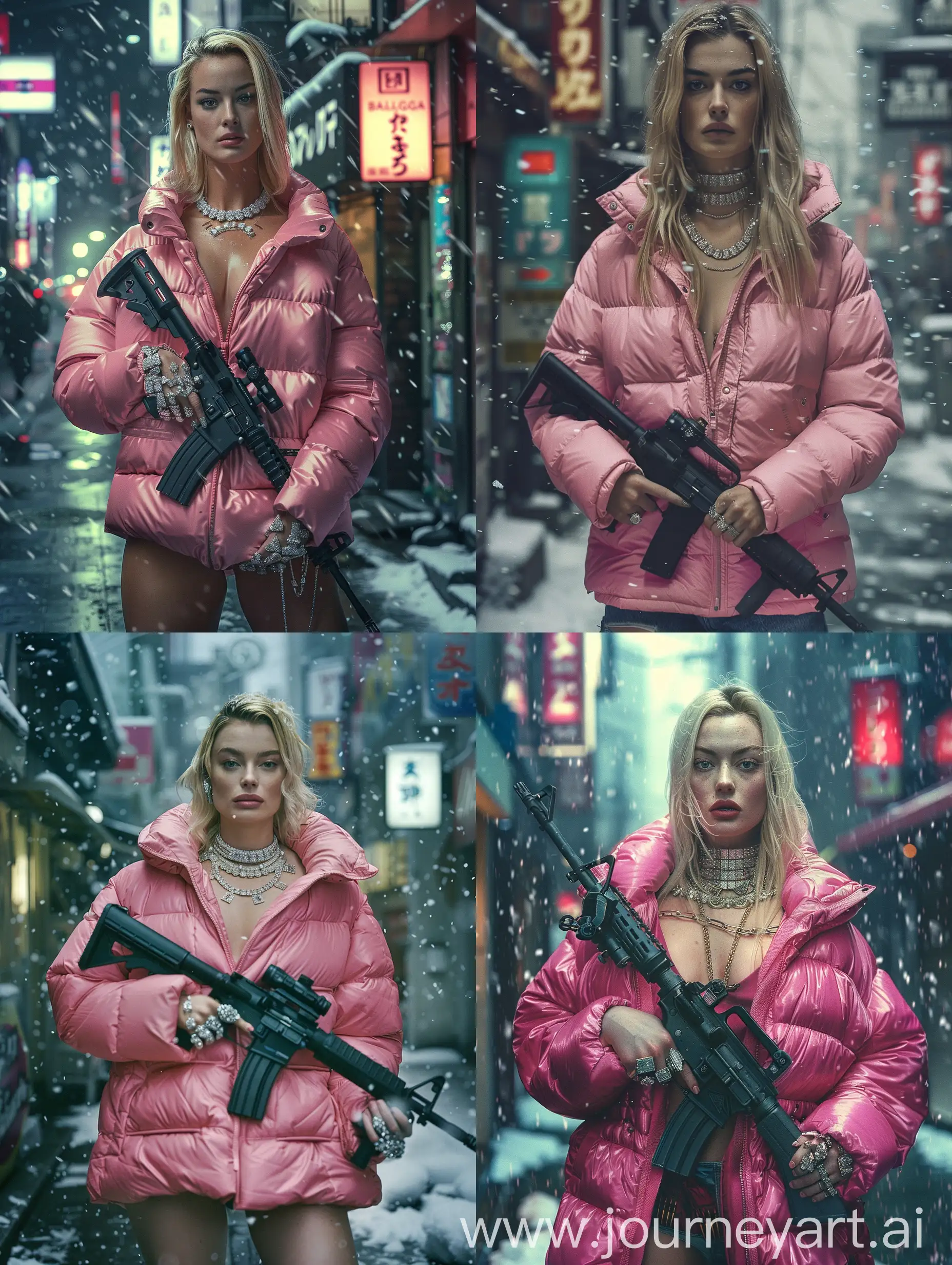 hyperrealistic photo, Margot Robbie wearing a pink balenciaga puffer jacket, wearing diamond jewelry, standing in a tokyo street, holding an AR-15, during a snow flurry, intense, palpaple ethereal ambiance, atmospheric depth, stark contrasts, moody undertones, 8k photorealistic, film grain, cinematic shot with hasselbad --v 6