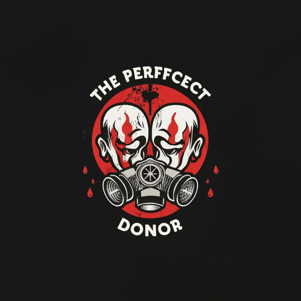 a logo design,with the text "The perfect donor", main symbol:head on head gas mask with two filters sign   with blood drops stalker,Сложный,be used in Путешествия industry,clear background
