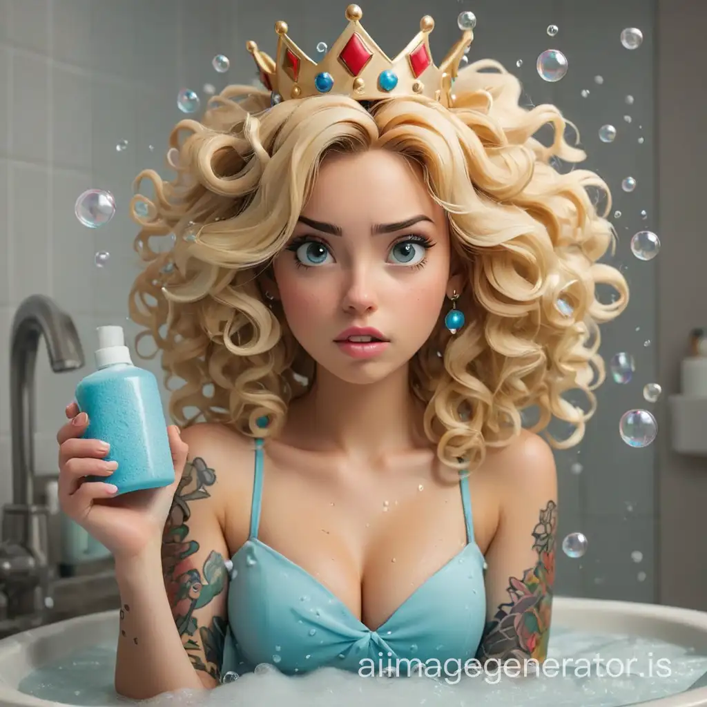 blonde woman wavy straight curly hair, squeezing sponge, bubbles, sudsy clean, sink full of bubbles, bubbles everywhere, bleach, cleaning products, princess crown on woman, tattoos on girl, serious face,