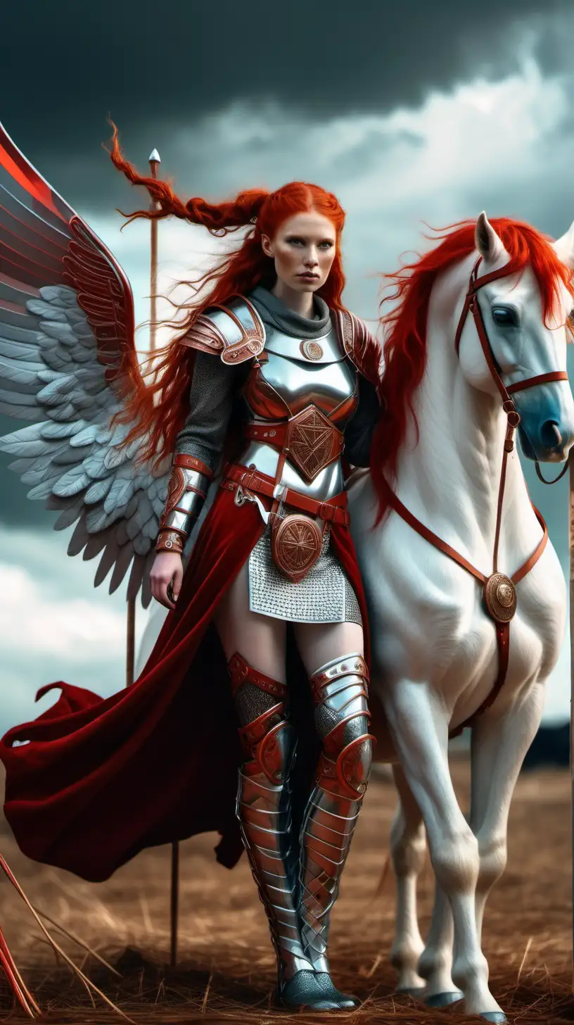 A red-haired Viking woman, she has leather clothes, she has a white unicorn horse and the horse has long wings, its texture is like velvet, the sky is red, the woman has axes in her hands. There is straw on the ground and , futuristic ve neon metalic colours